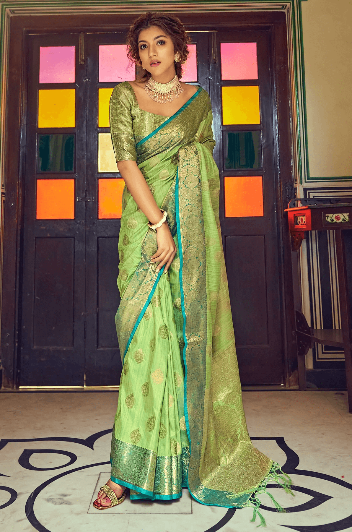 Trendy Pista Soft Banarasi Silk Saree With Majesty Blouse Piece