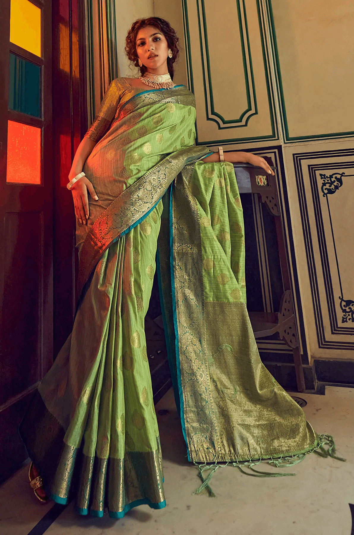 Trendy Pista Soft Banarasi Silk Saree With Majesty Blouse Piece