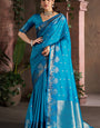 Smashing Firozi Pure Zari Weaving Banarasi Silk Saree With Assemblage Blouse Piece