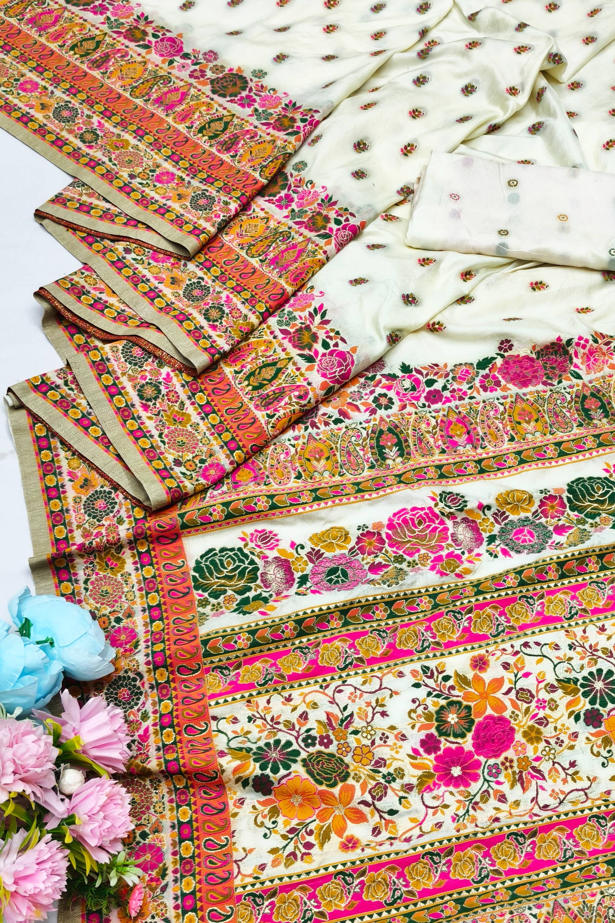 Ineffable Beige Nylon Dola Pashmina Saree With Eye-catching Blouse Piece
