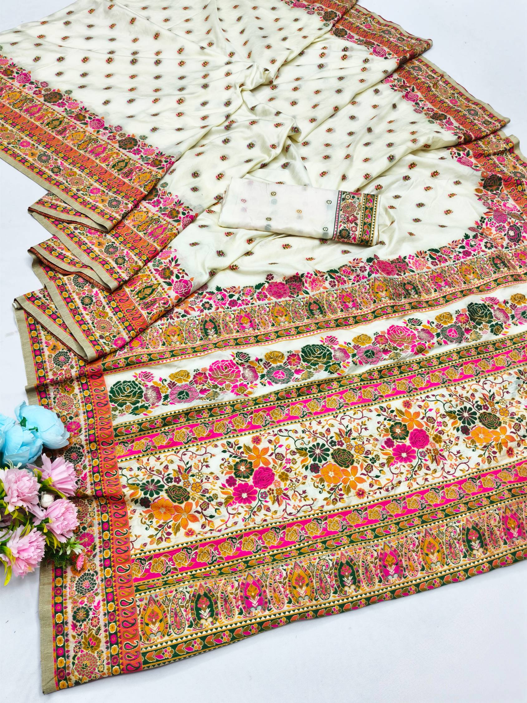 Ineffable Beige Nylon Dola Pashmina Saree With Eye-catching Blouse Piece