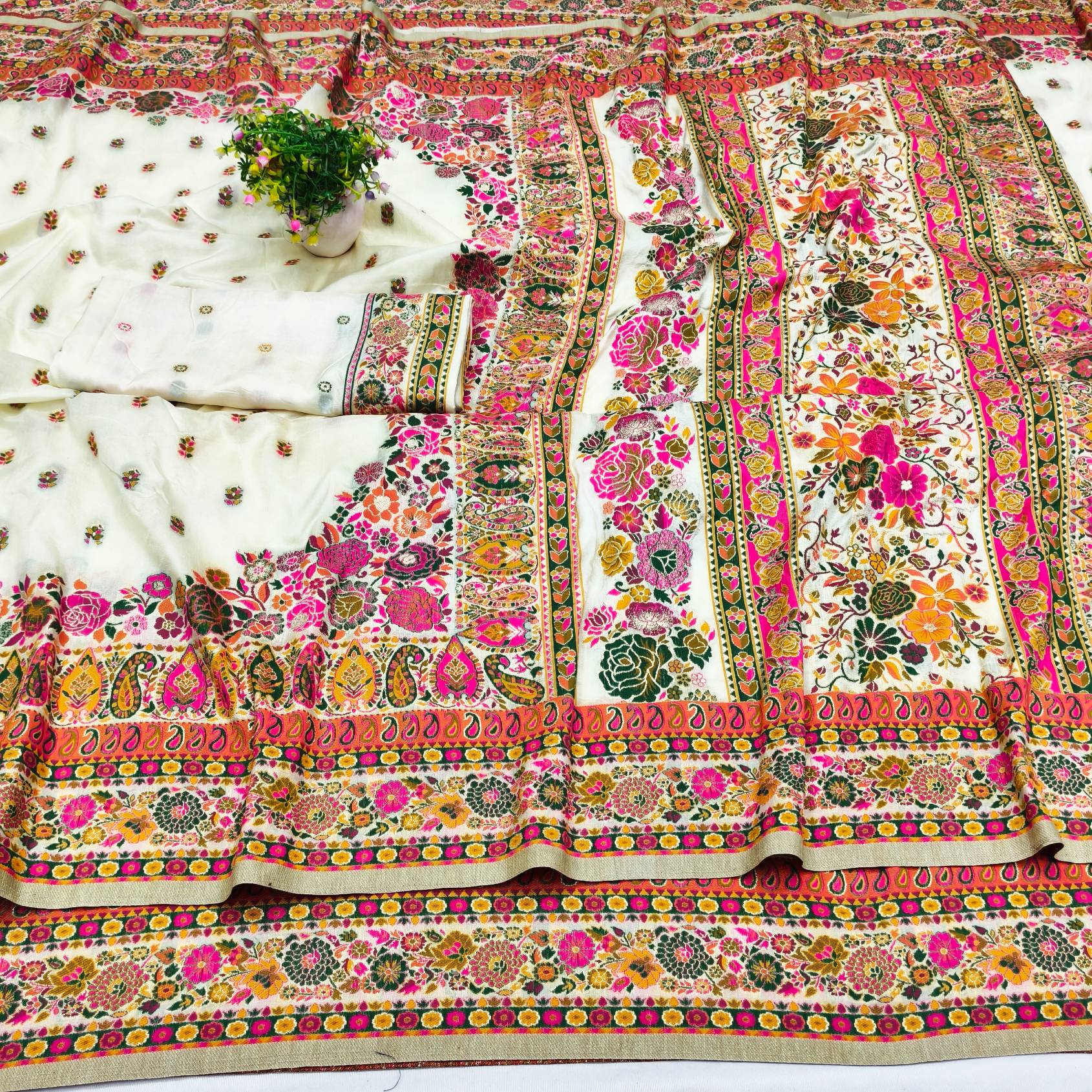 Ineffable Beige Nylon Dola Pashmina Saree With Eye-catching Blouse Piece