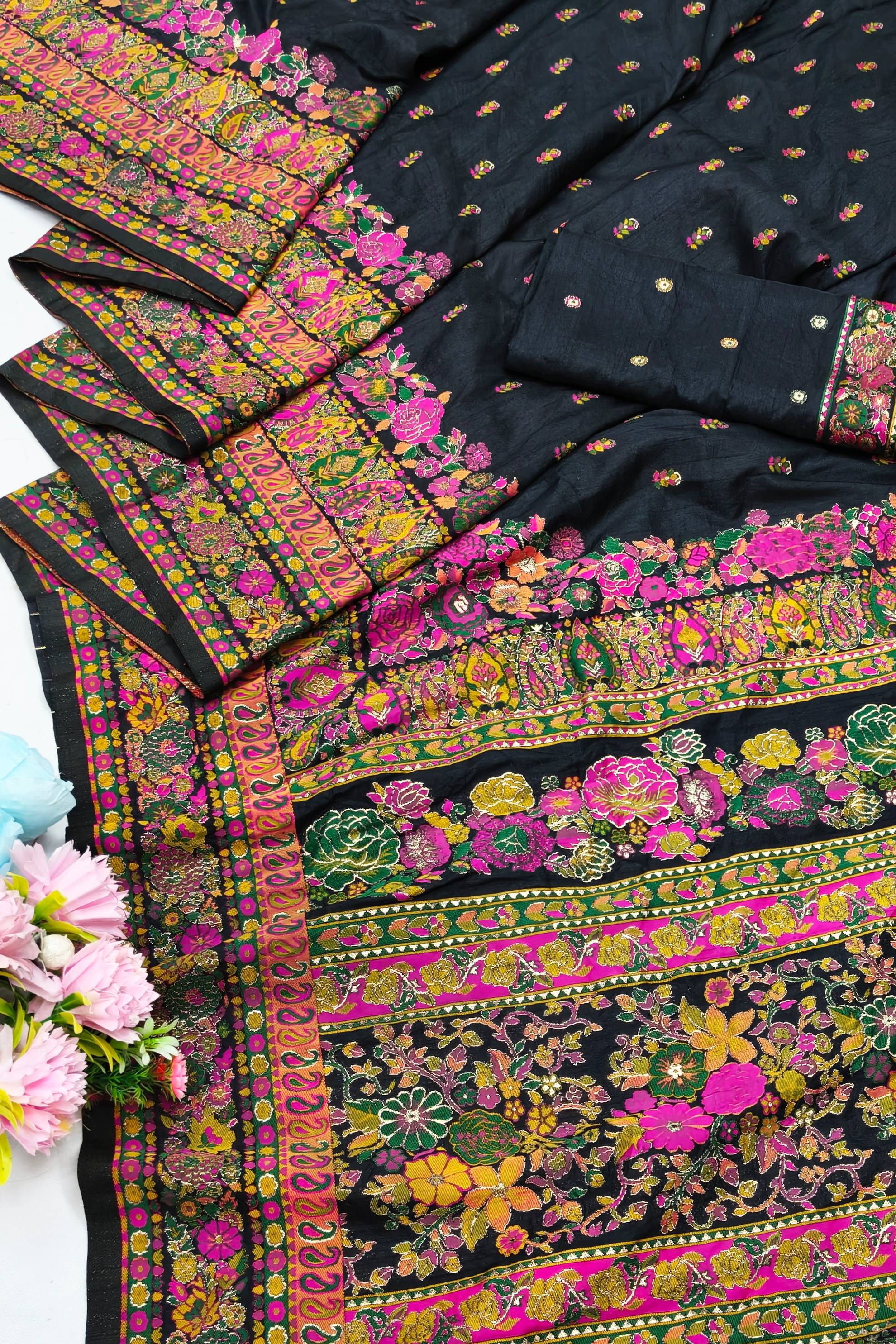 Posh Black Nylon Dola Pashmina Saree With Lissome Blouse Piece