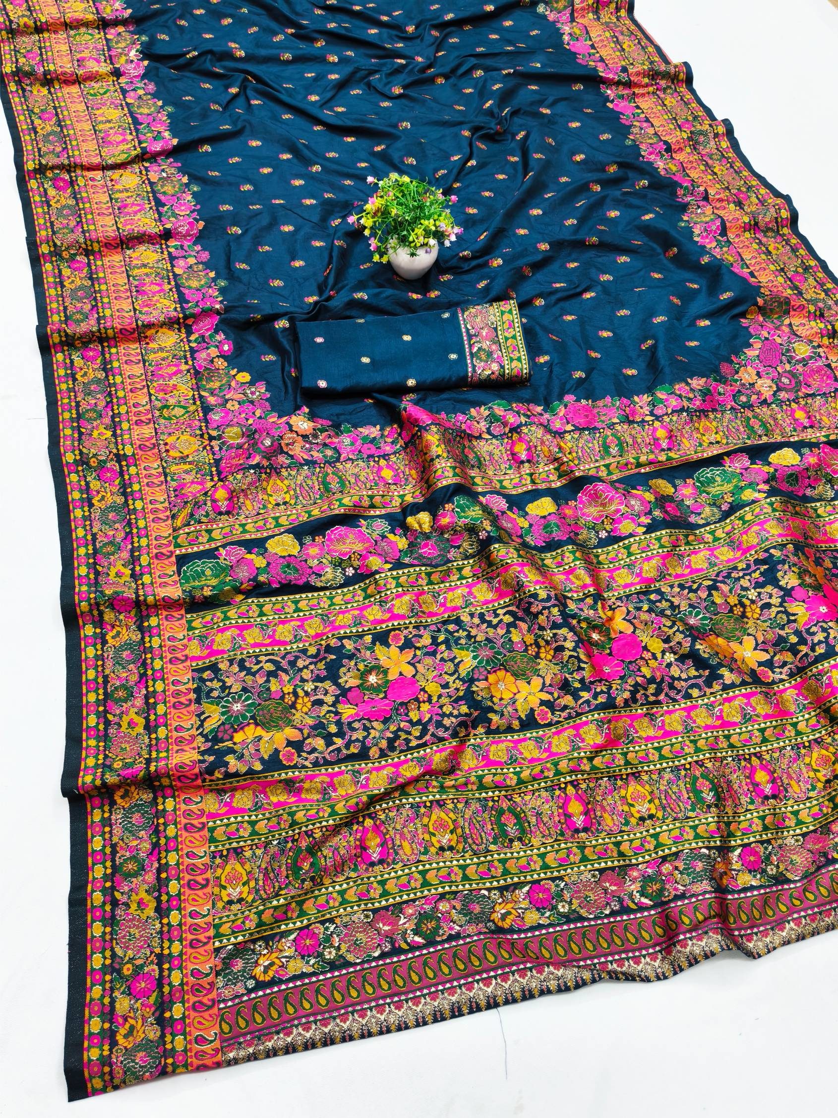 Gleaming Blue Nylon Dola Pashmina Saree With Divine Blouse Piece