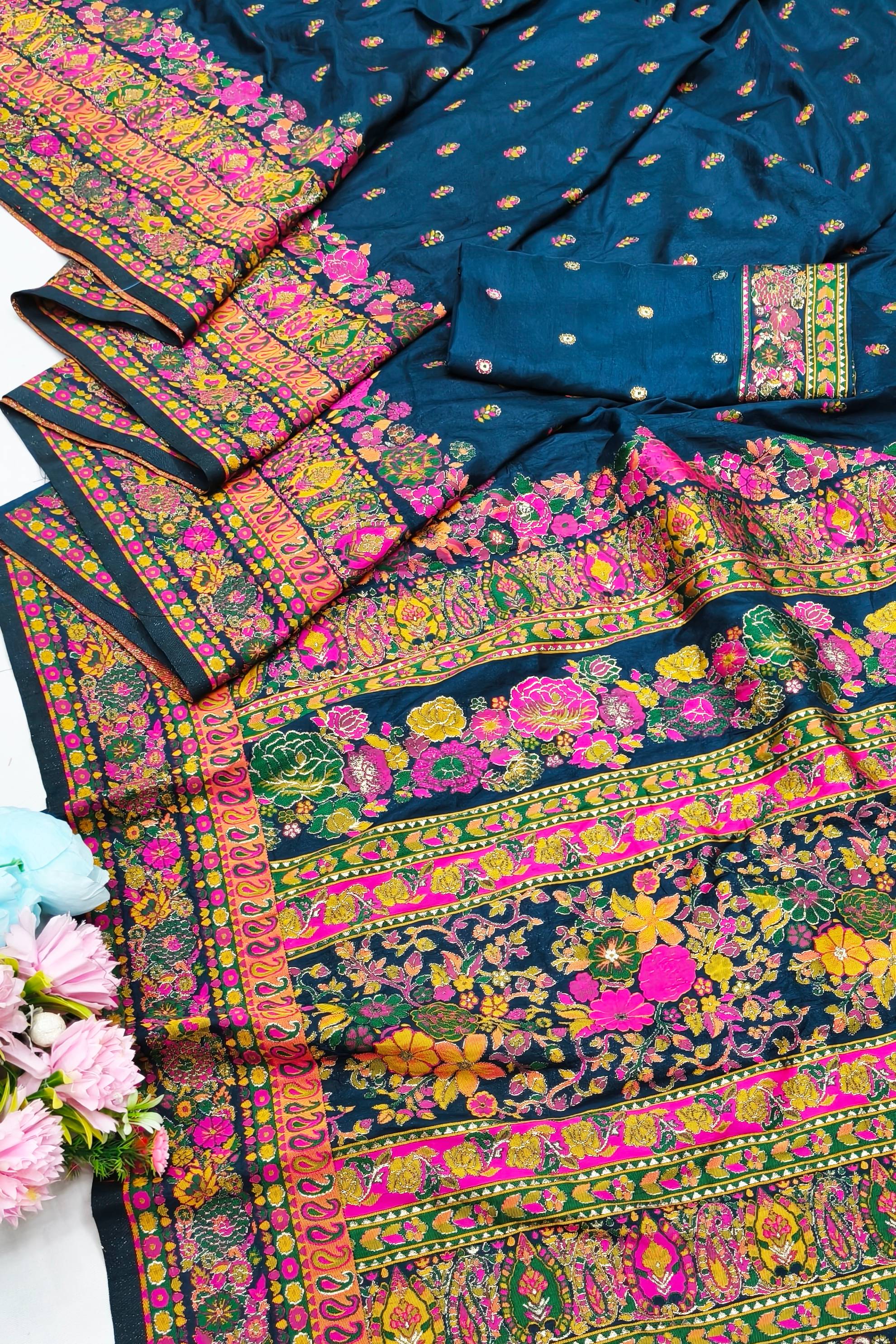 Gleaming Blue Nylon Dola Pashmina Saree With Divine Blouse Piece