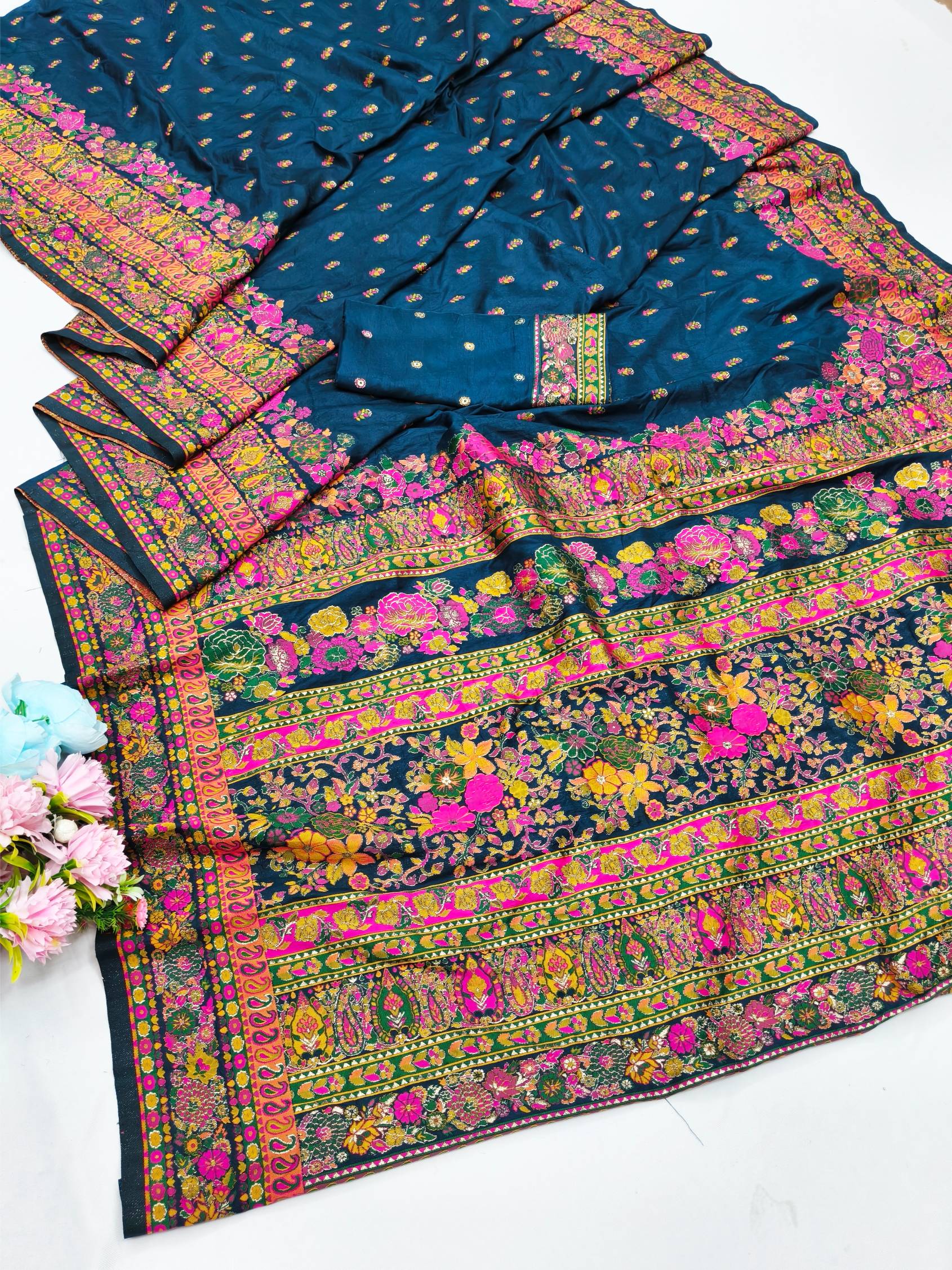 Gleaming Blue Nylon Dola Pashmina Saree With Divine Blouse Piece