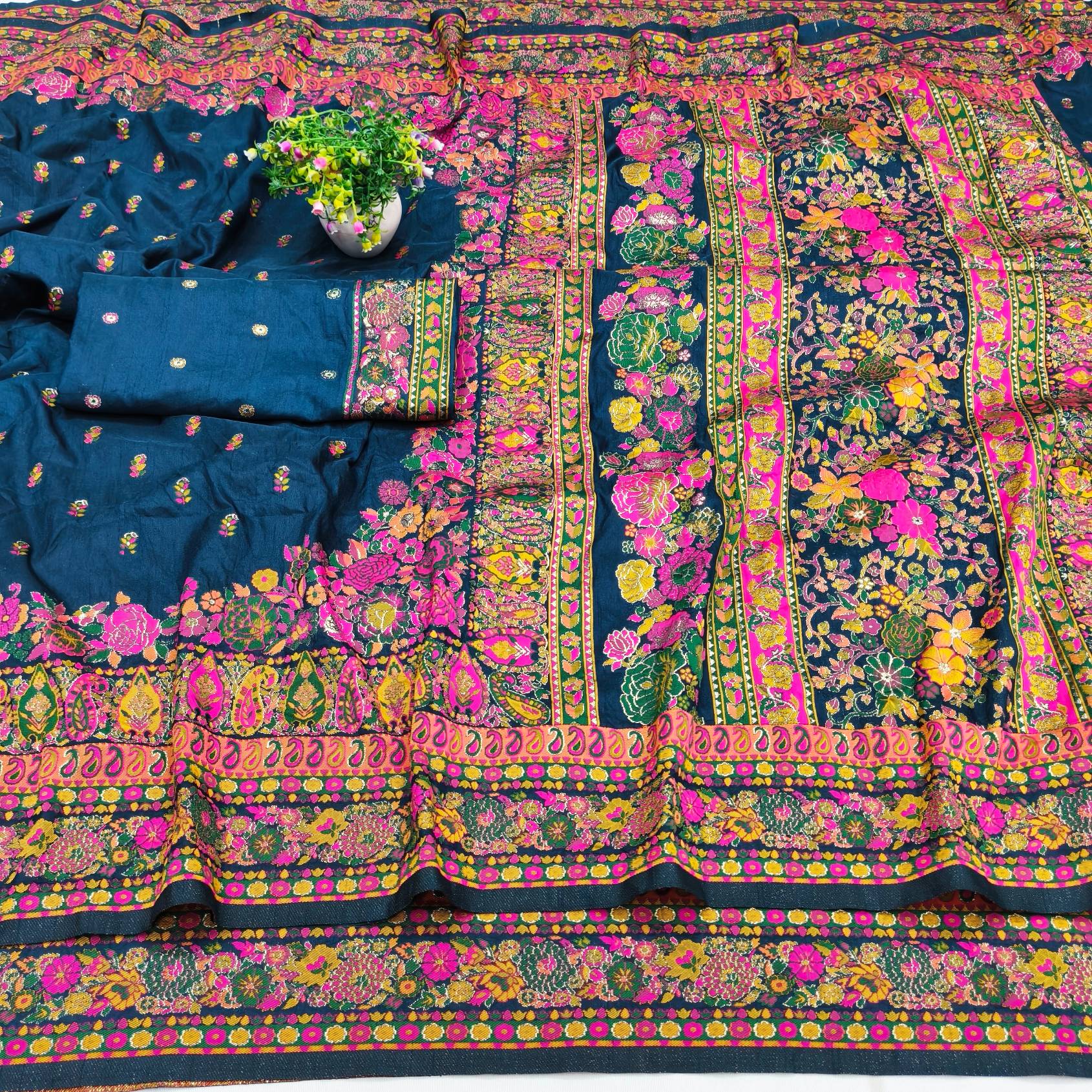 Gleaming Blue Nylon Dola Pashmina Saree With Divine Blouse Piece