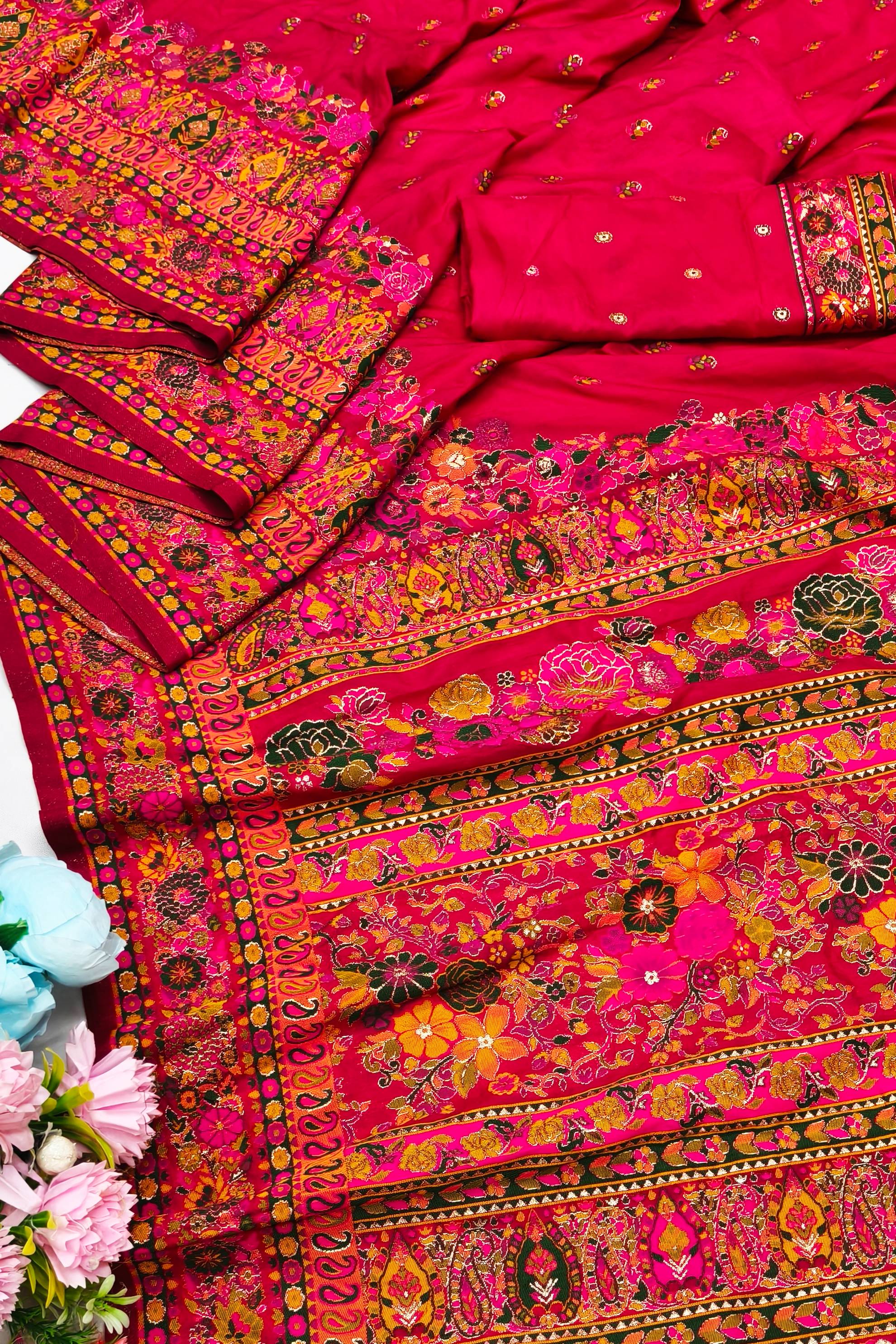 Engrossing Dark Pink Nylon Dola Pashmina Saree With Designer Blouse Piece