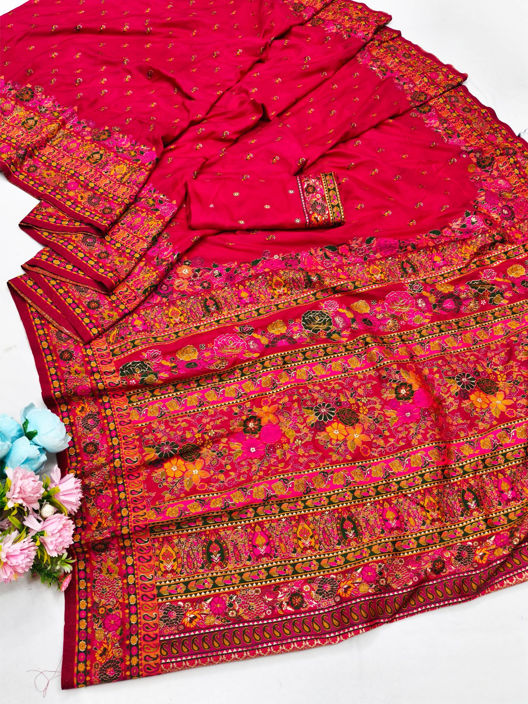 Engrossing Dark Pink Nylon Dola Pashmina Saree With Designer Blouse Piece