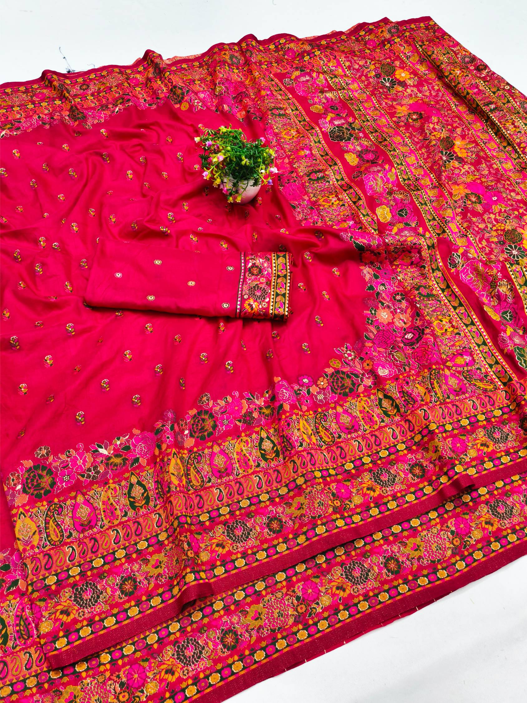 Engrossing Dark Pink Nylon Dola Pashmina Saree With Designer Blouse Piece