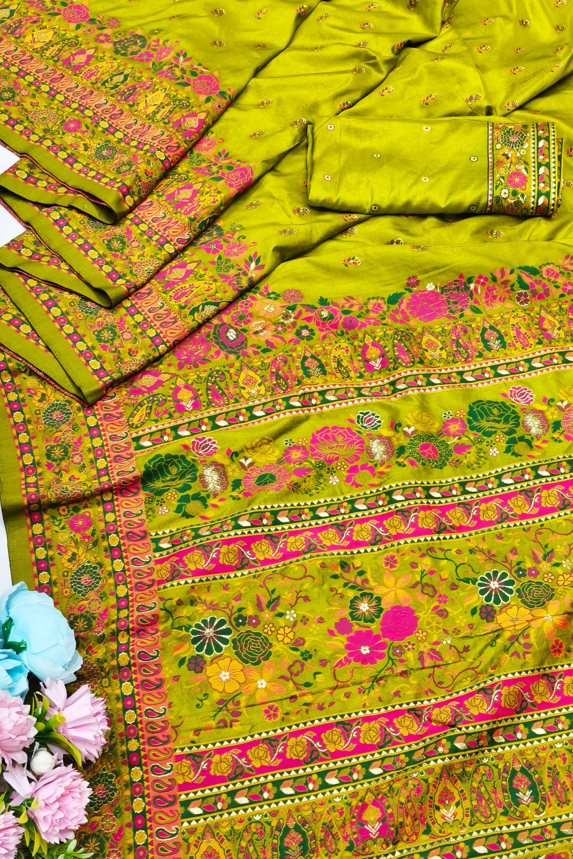 Lustrous Mehandi Nylon Dola Pashmina Saree With Impressive Blouse Piece