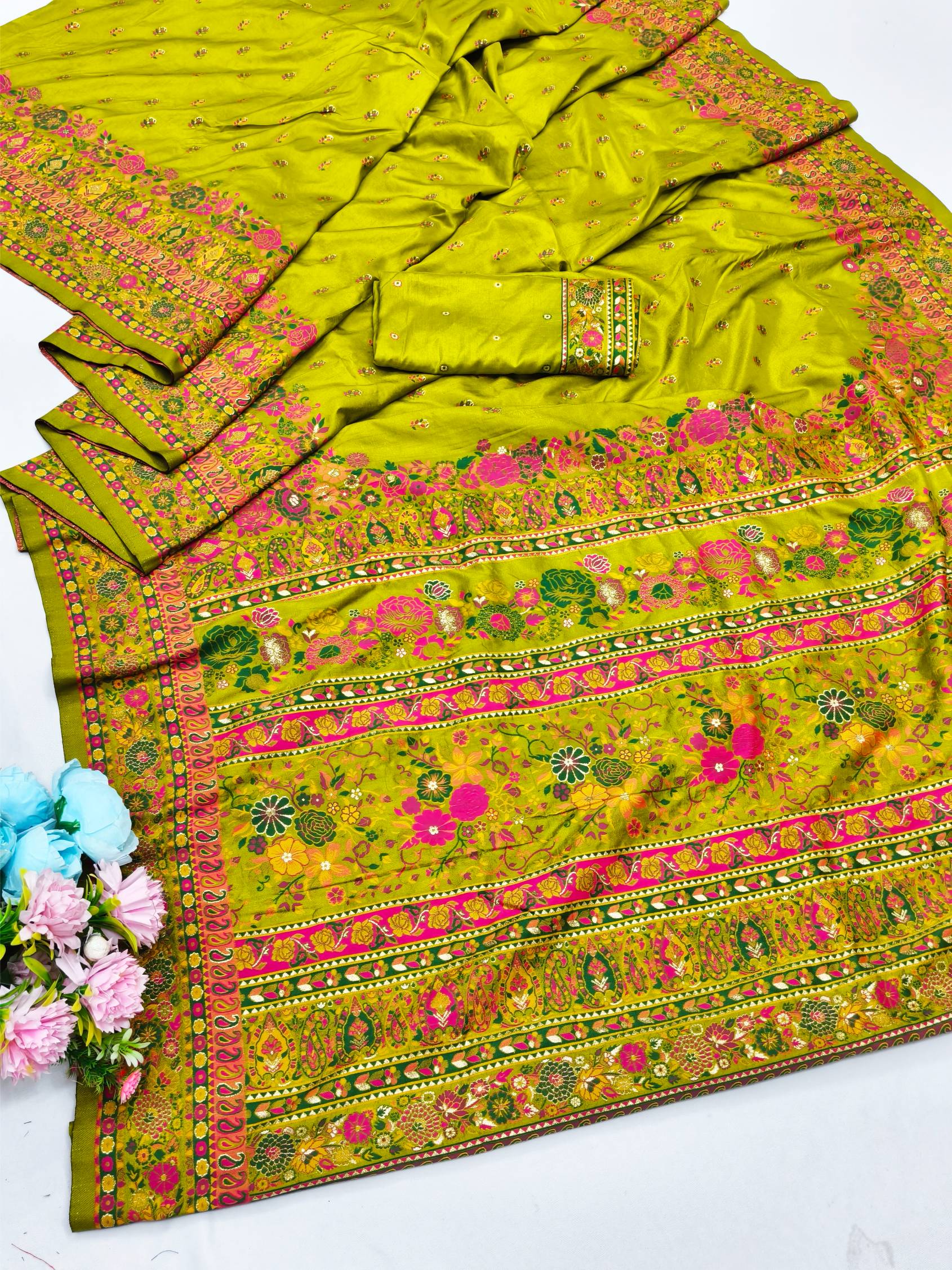 Lustrous Mehandi Nylon Dola Pashmina Saree With Impressive Blouse Piece