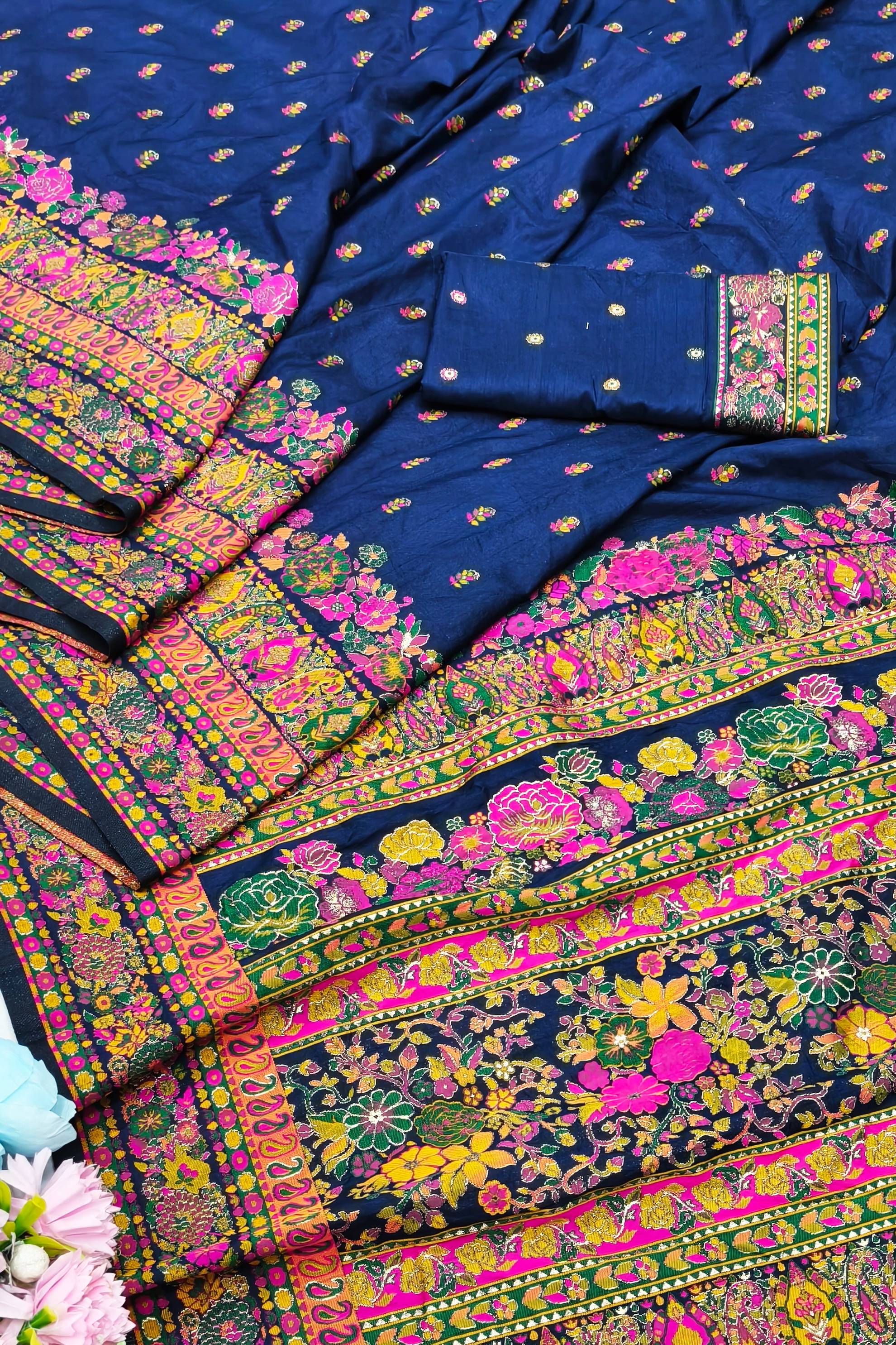 Forbearance Navy Blue Nylon Dola Pashmina Saree With Engaging Blouse Piece