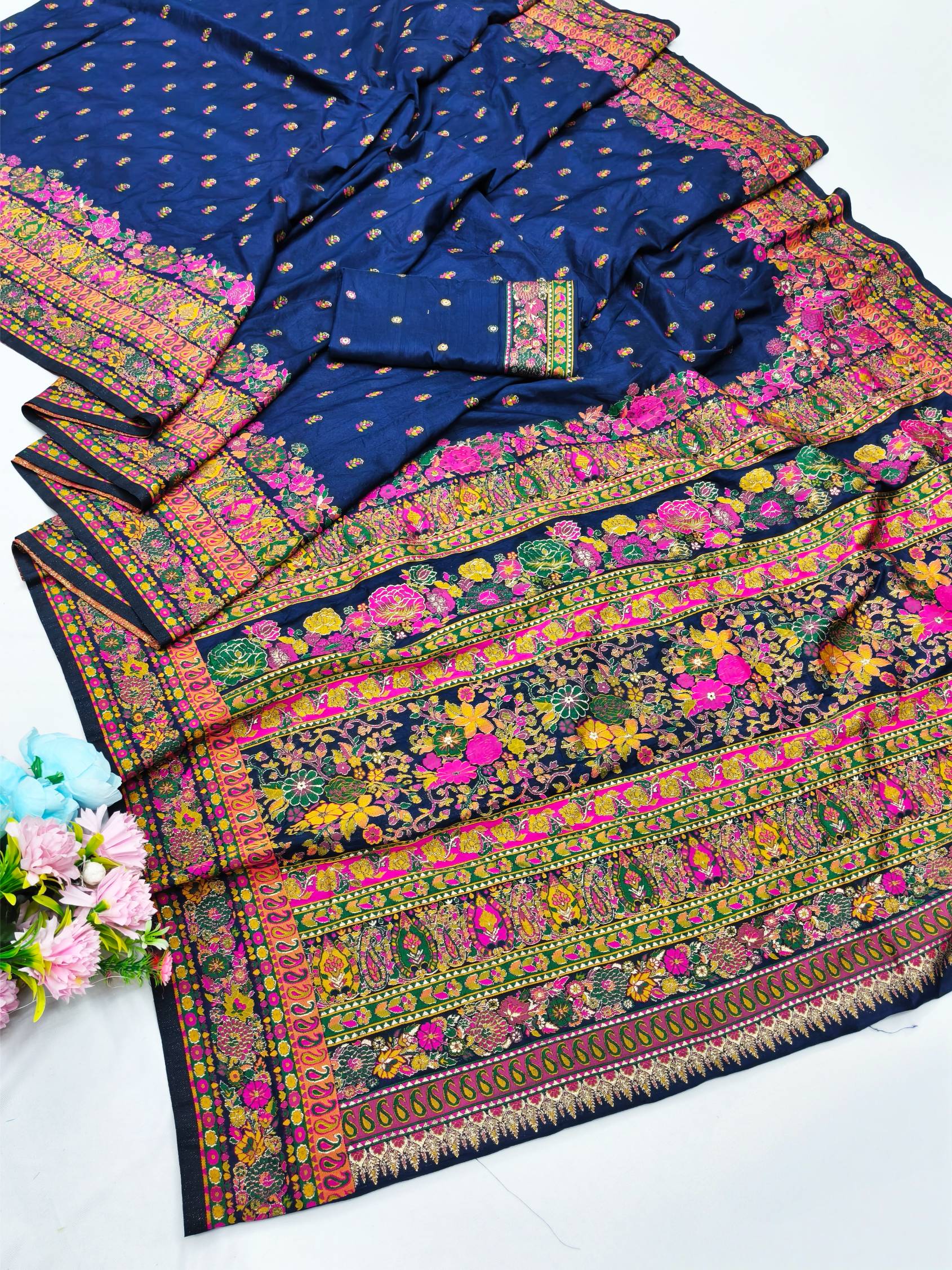 Forbearance Navy Blue Nylon Dola Pashmina Saree With Engaging Blouse Piece
