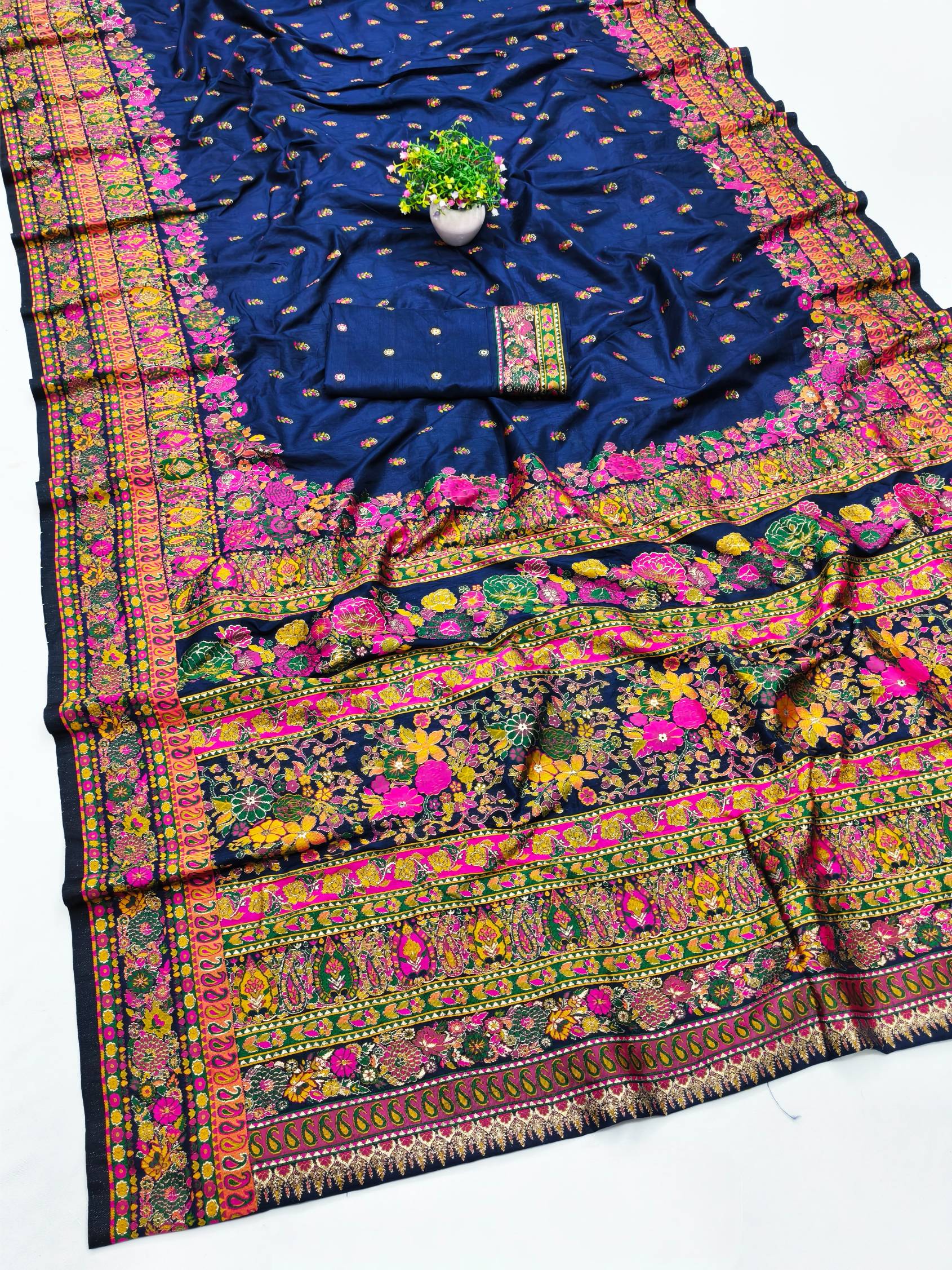 Forbearance Navy Blue Nylon Dola Pashmina Saree With Engaging Blouse Piece
