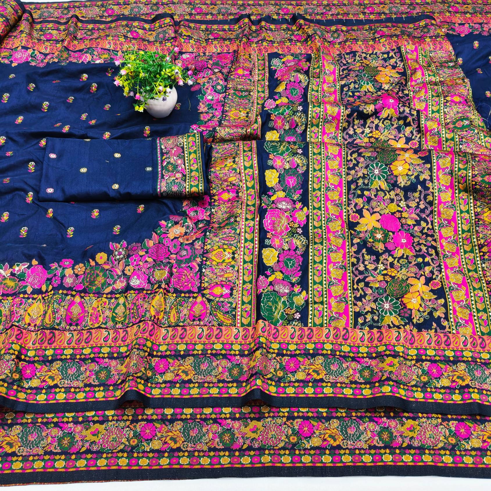 Forbearance Navy Blue Nylon Dola Pashmina Saree With Engaging Blouse Piece