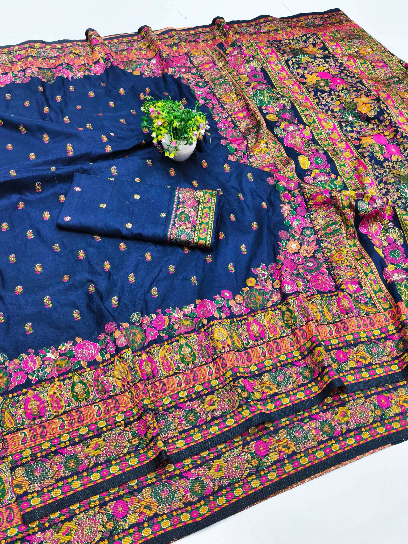 Forbearance Navy Blue Nylon Dola Pashmina Saree With Engaging Blouse Piece