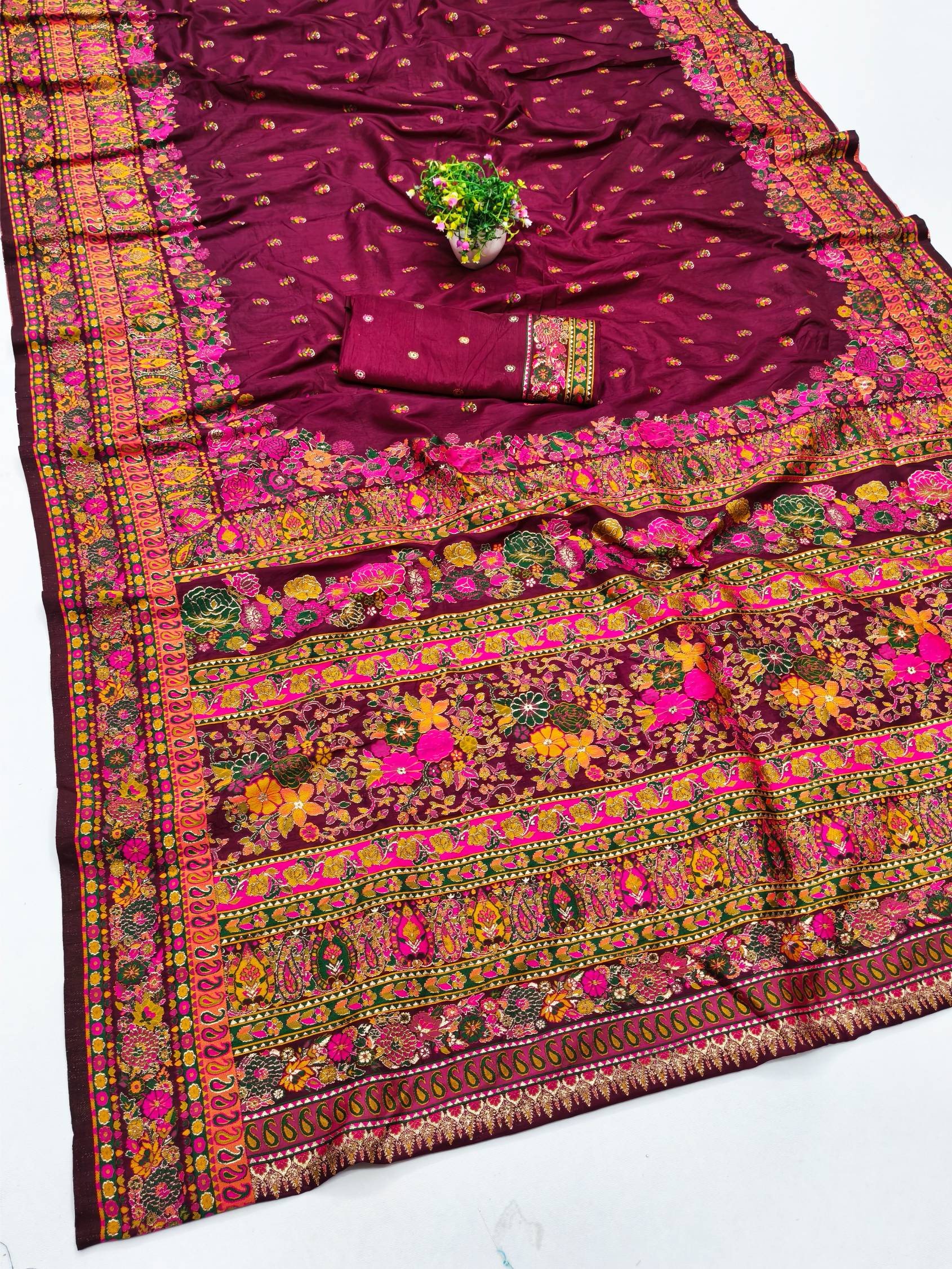 Desultory Wine Nylon Dola Pashmina Saree With Unequalled Blouse Piece