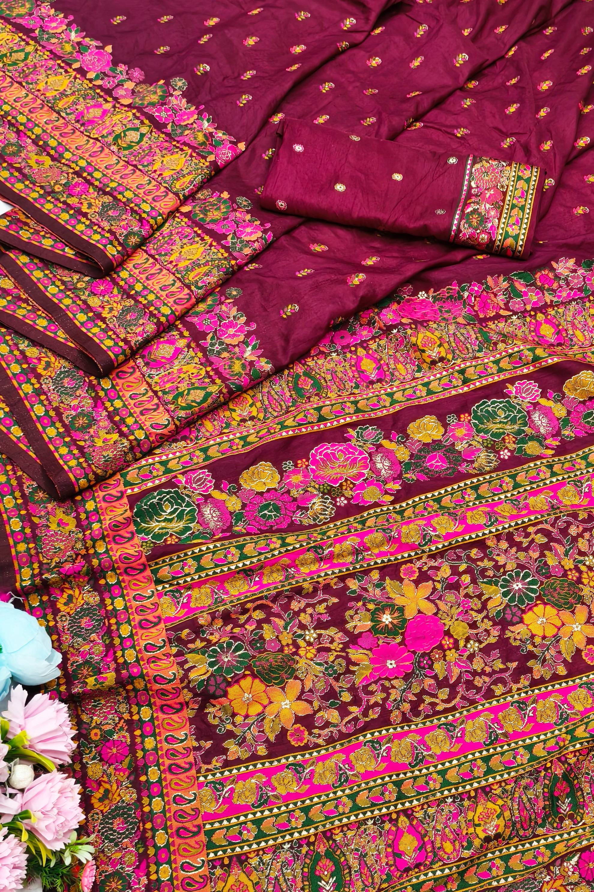 Desultory Wine Nylon Dola Pashmina Saree With Unequalled Blouse Piece