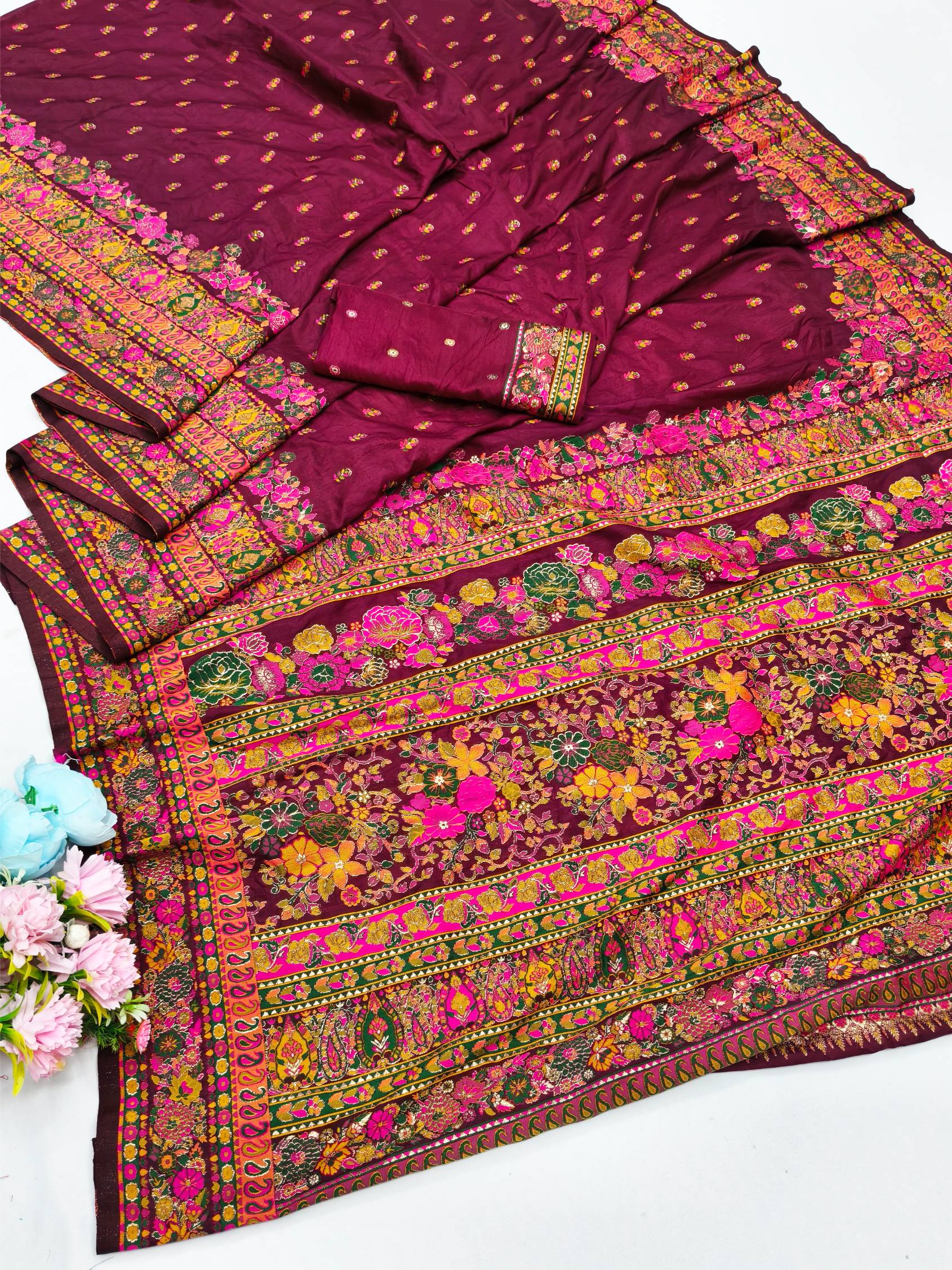 Desultory Wine Nylon Dola Pashmina Saree With Unequalled Blouse Piece