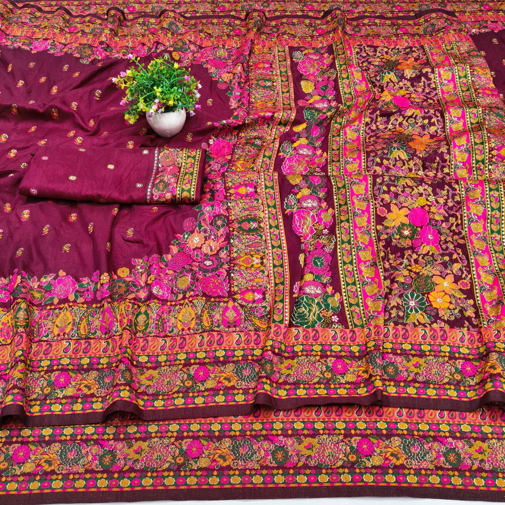 Desultory Wine Nylon Dola Pashmina Saree With Unequalled Blouse Piece