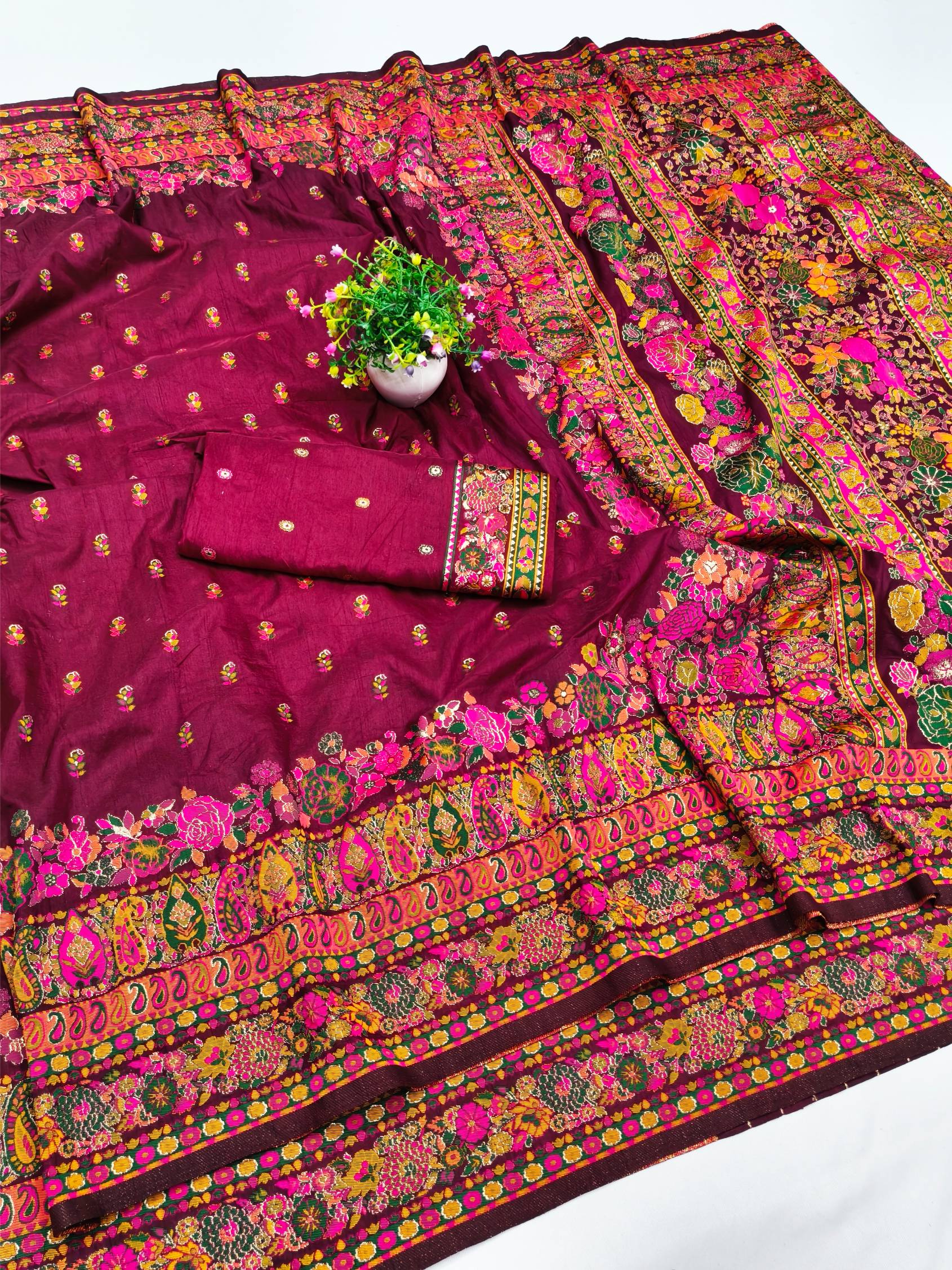 Desultory Wine Nylon Dola Pashmina Saree With Unequalled Blouse Piece