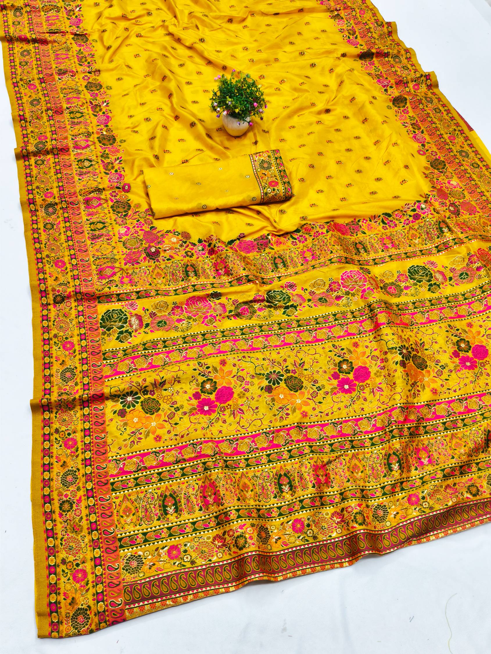 Comely Yellow Nylon Dola Pashmina Saree With Flameboyant Blouse Piece