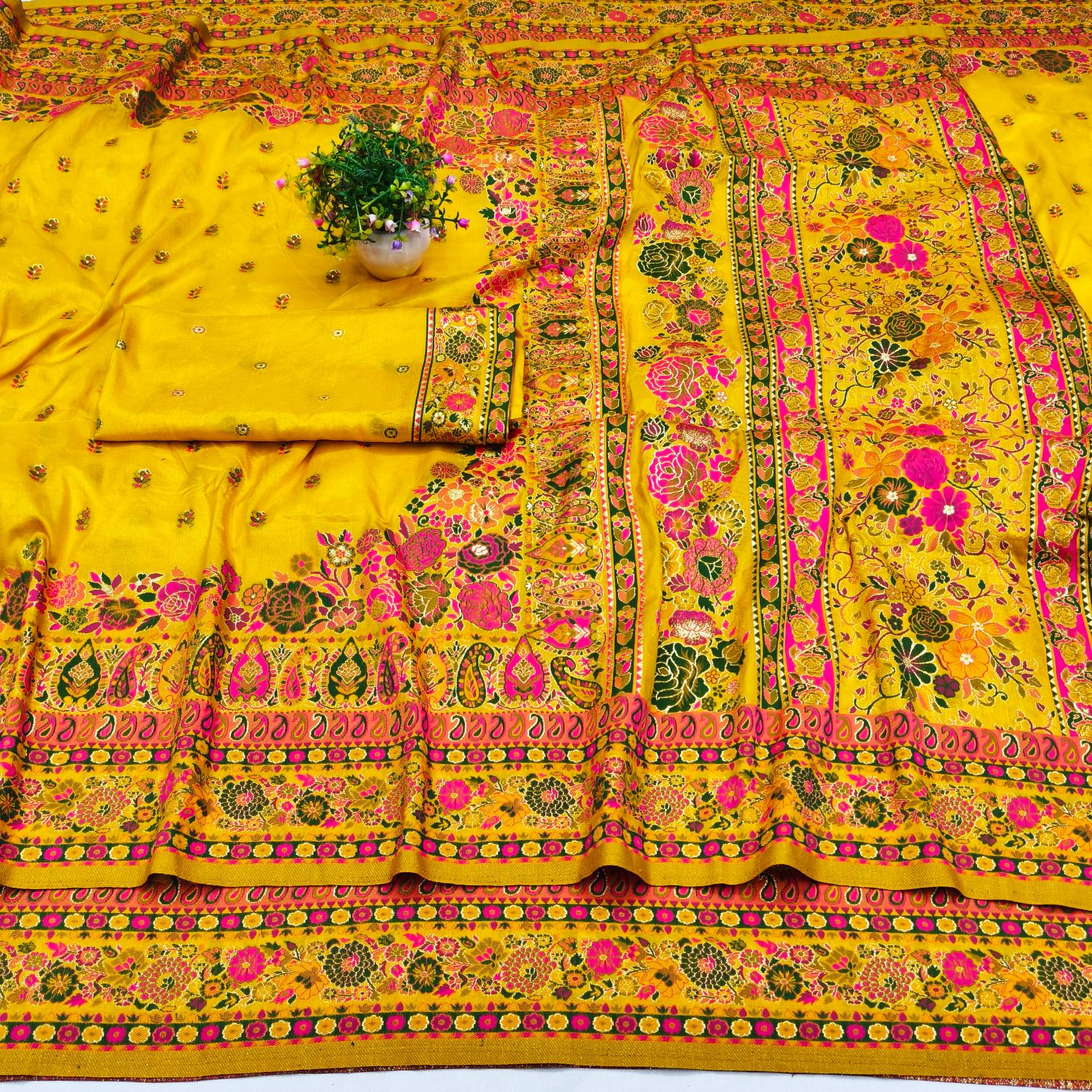 Comely Yellow Nylon Dola Pashmina Saree With Flameboyant Blouse Piece