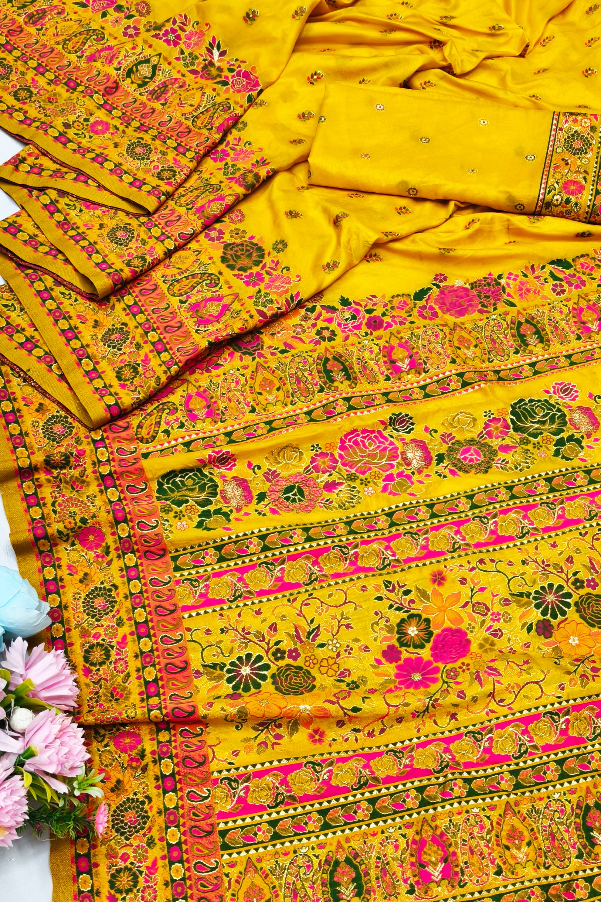 Comely Yellow Nylon Dola Pashmina Saree With Flameboyant Blouse Piece