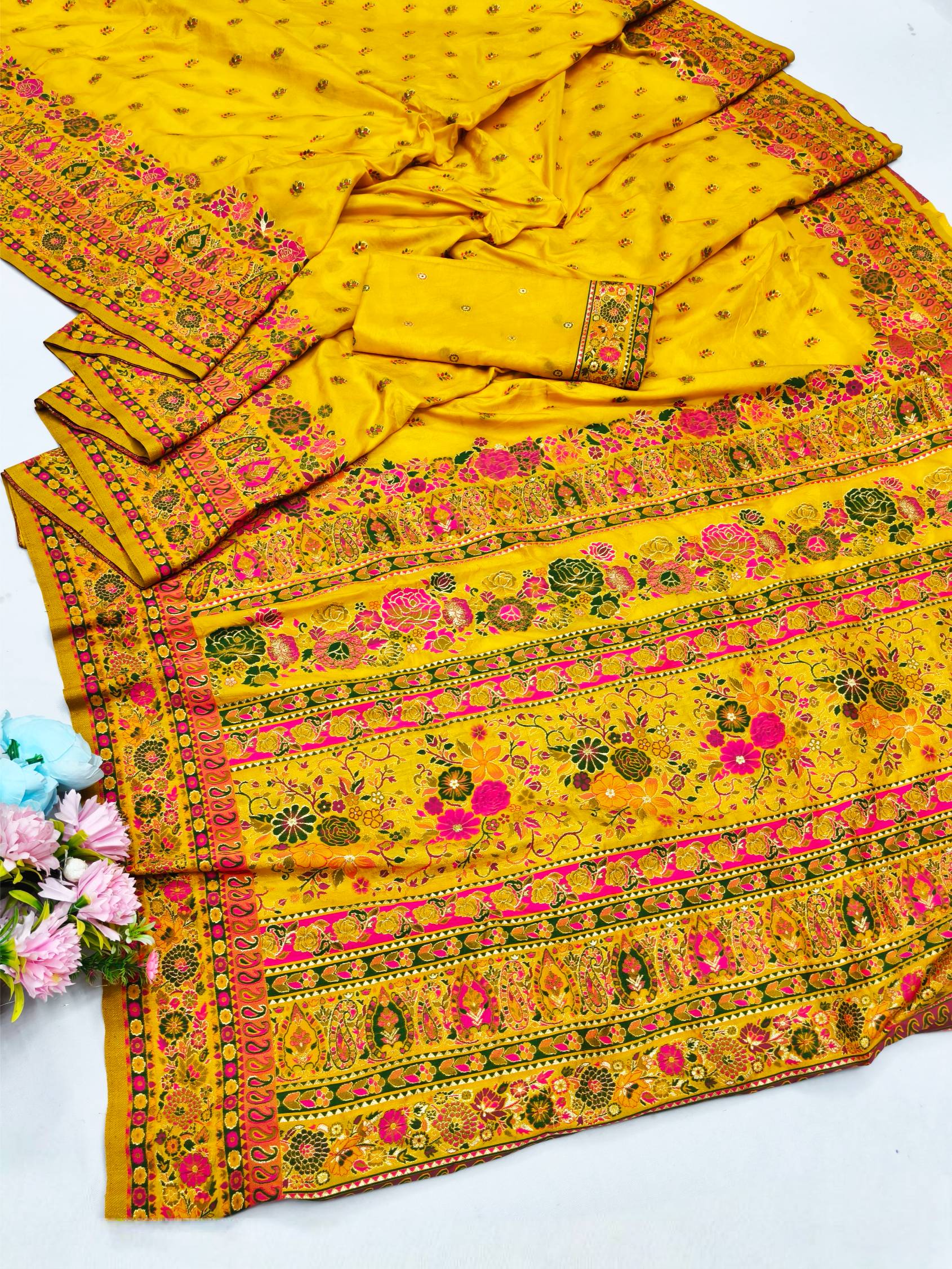 Comely Yellow Nylon Dola Pashmina Saree With Flameboyant Blouse Piece