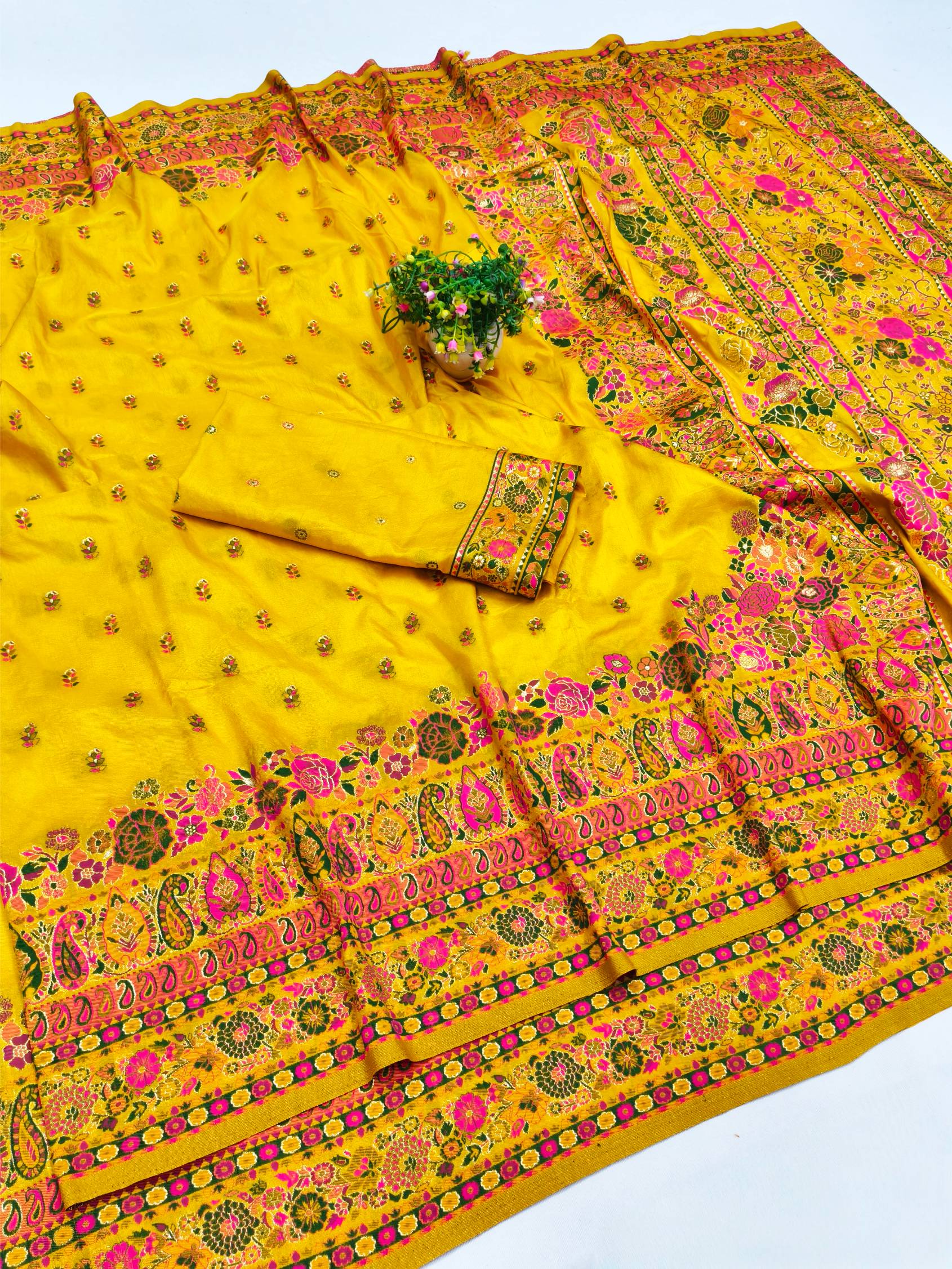 Comely Yellow Nylon Dola Pashmina Saree With Flameboyant Blouse Piece