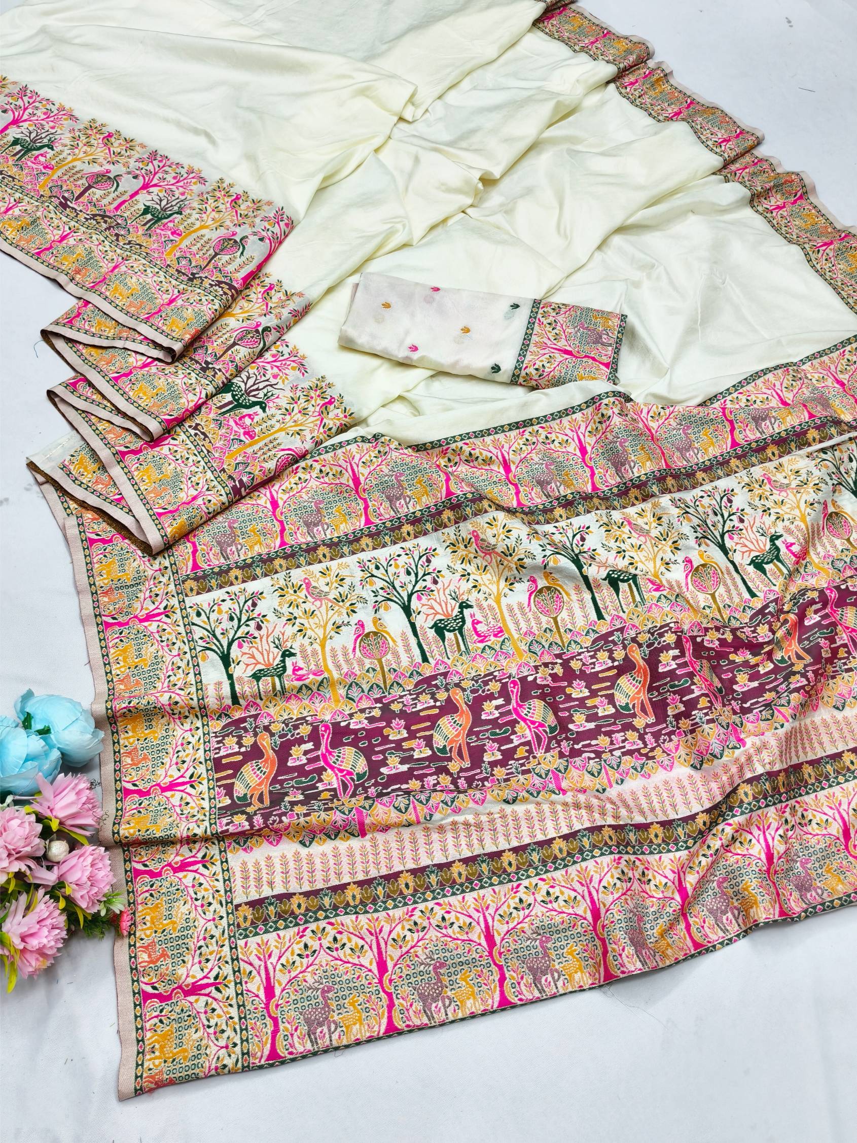 Allure Beige Nylon Dola Pashmina Saree With Pleasurable Blouse Piece