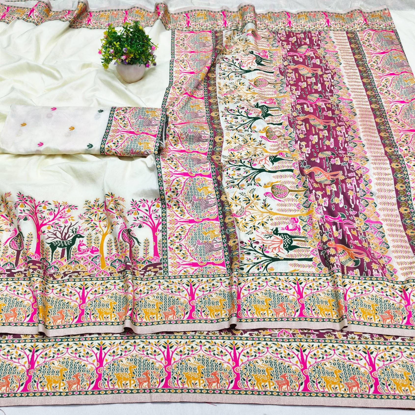 Allure Beige Nylon Dola Pashmina Saree With Pleasurable Blouse Piece
