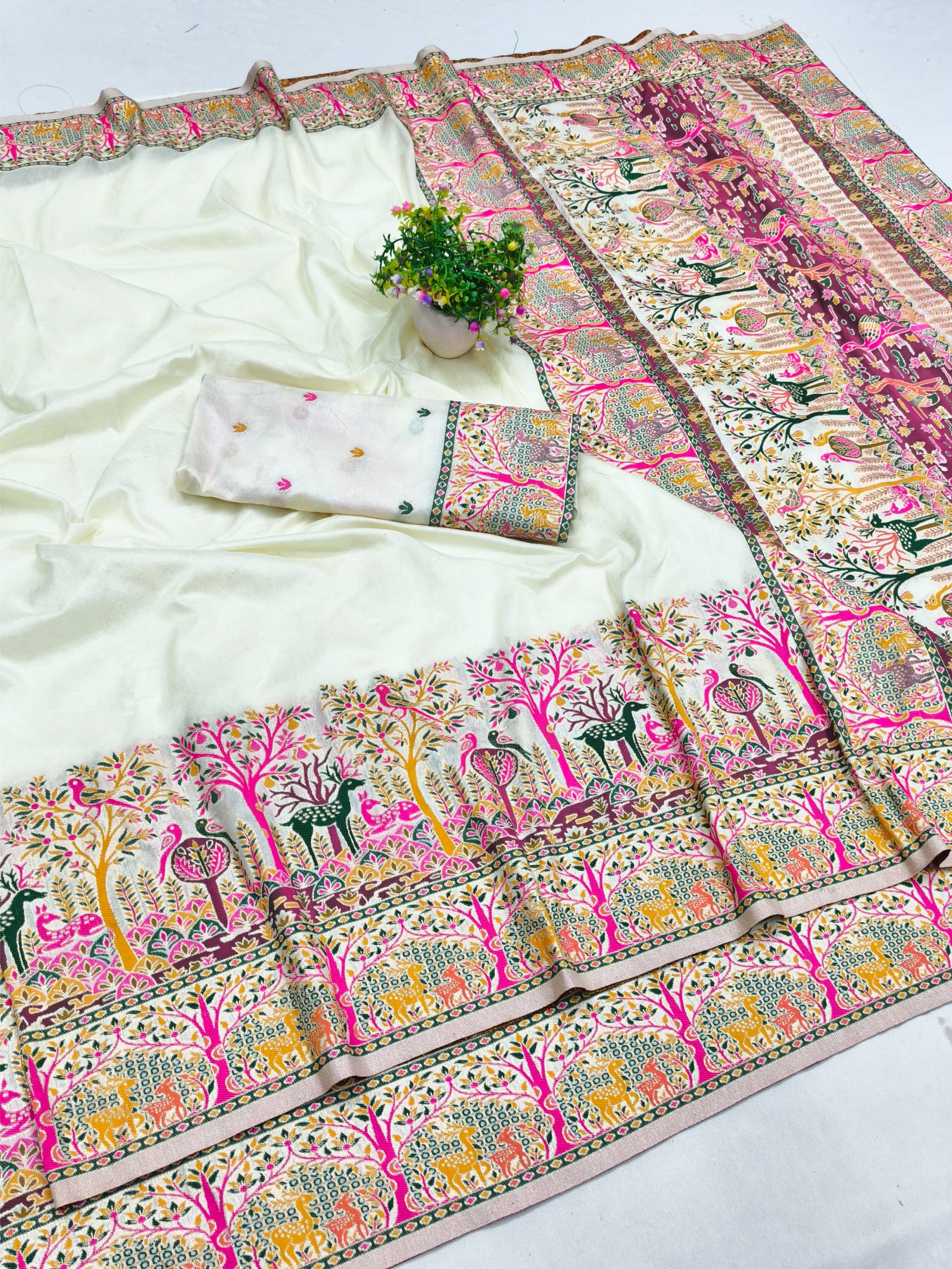 Allure Beige Nylon Dola Pashmina Saree With Pleasurable Blouse Piece