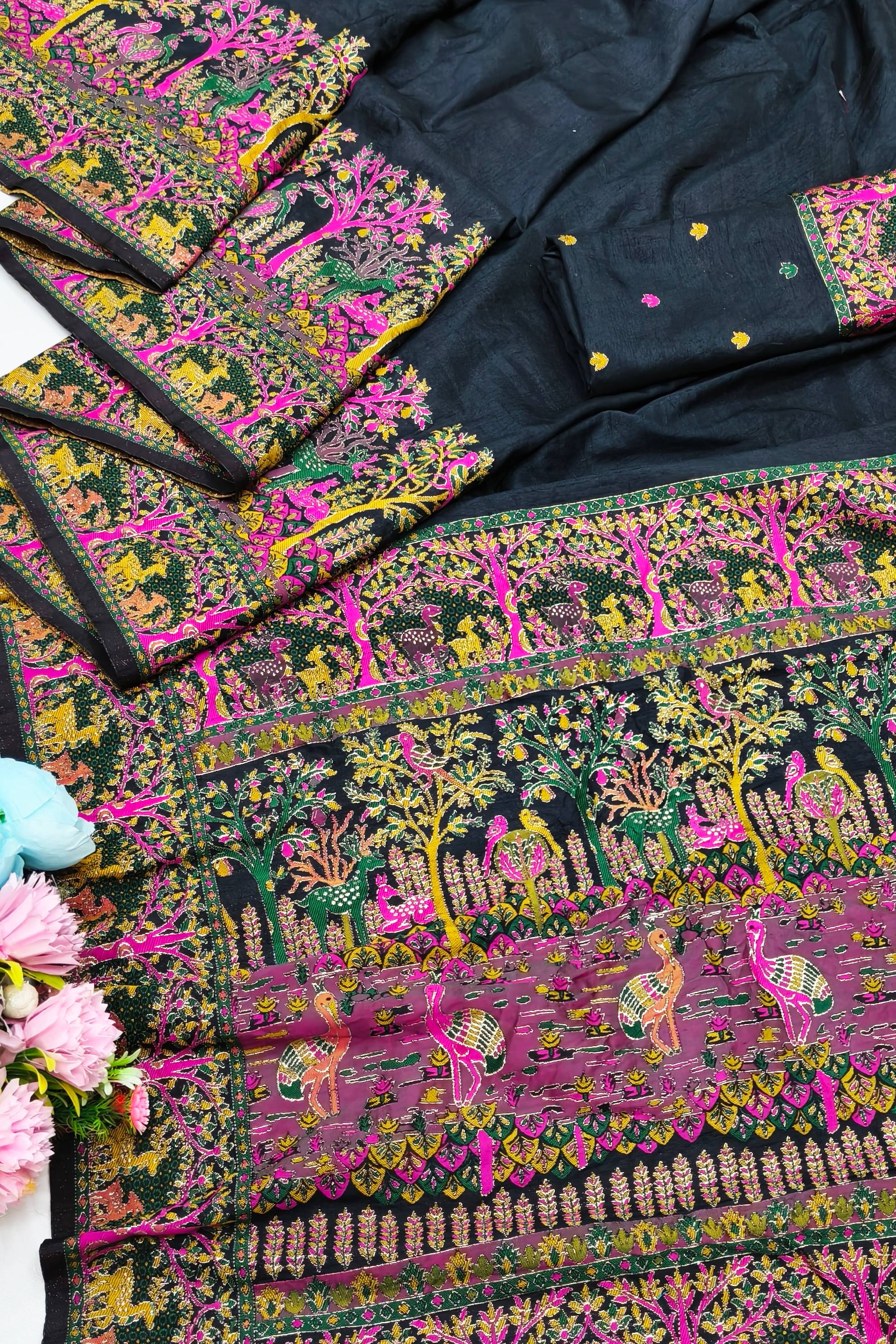 Incredible Black Nylon Dola Pashmina Saree With Pleasant Blouse Piece