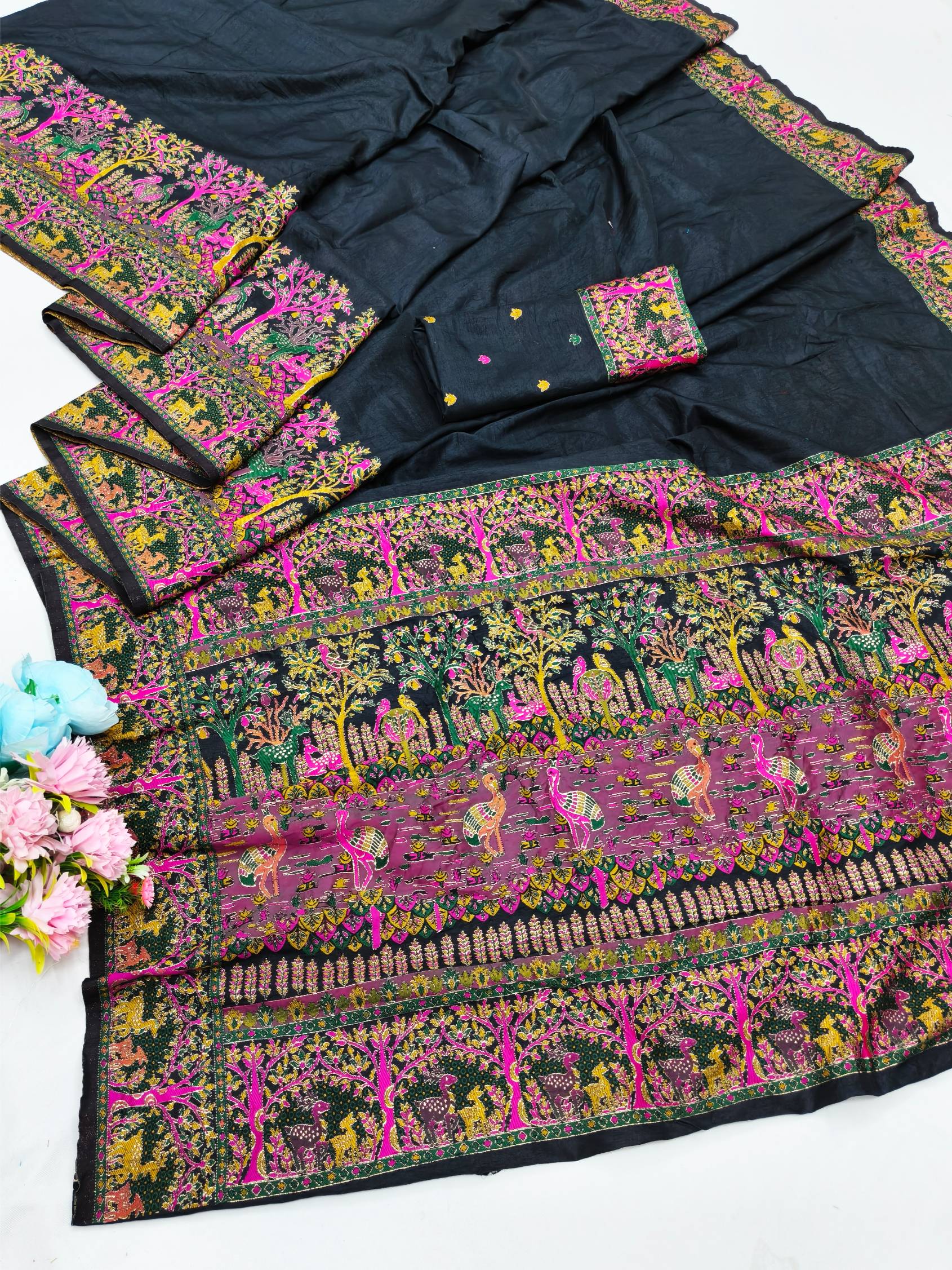 Incredible Black Nylon Dola Pashmina Saree With Pleasant Blouse Piece