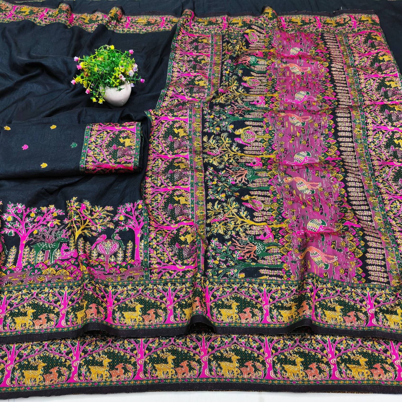 Incredible Black Nylon Dola Pashmina Saree With Pleasant Blouse Piece