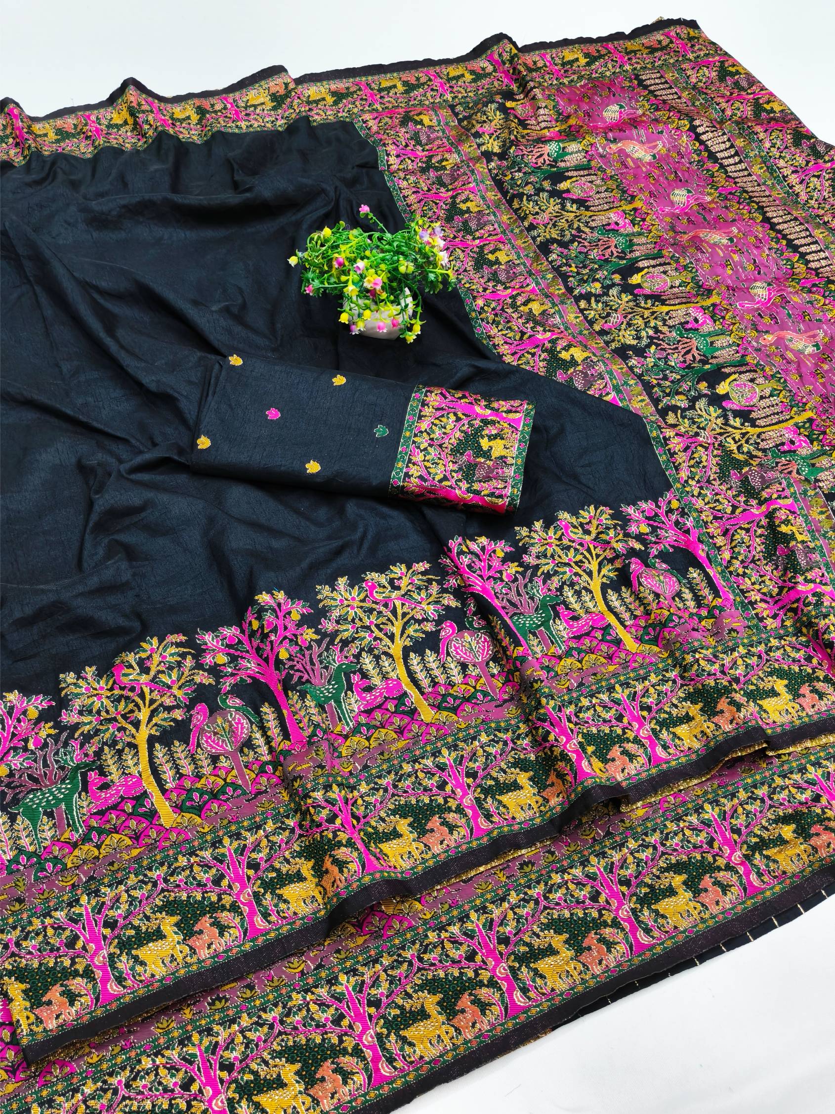 Incredible Black Nylon Dola Pashmina Saree With Pleasant Blouse Piece