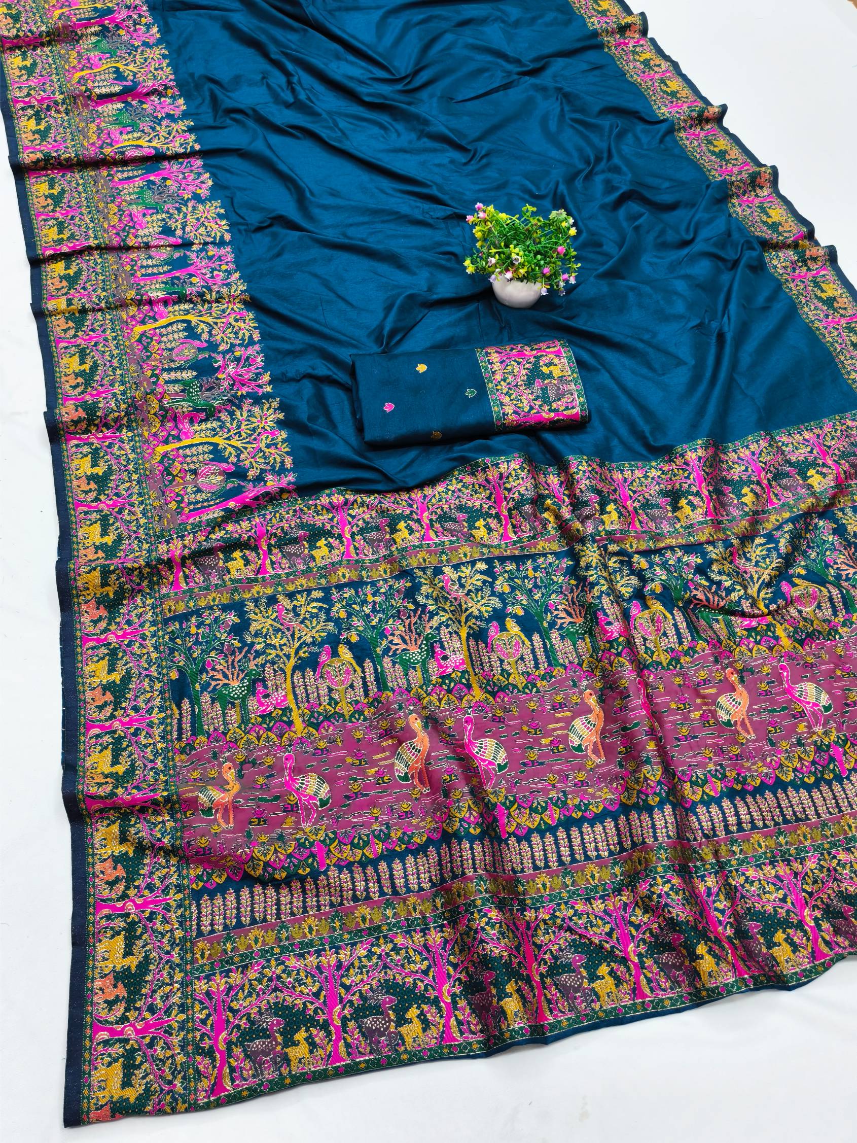 Glamorous Blue Nylon Dola Pashmina Saree With Extraordinary Blouse Piece