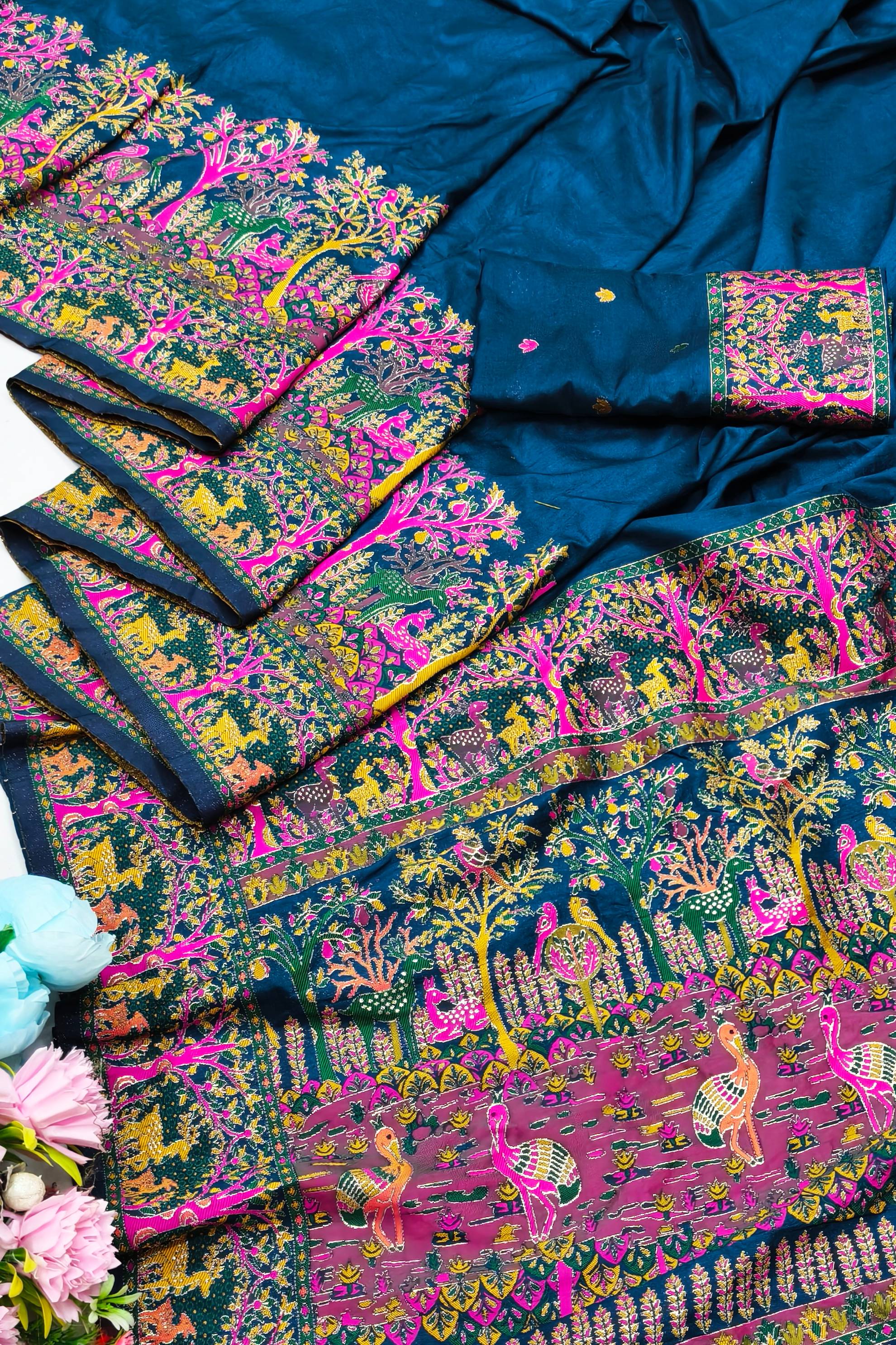 Glamorous Blue Nylon Dola Pashmina Saree With Extraordinary Blouse Piece