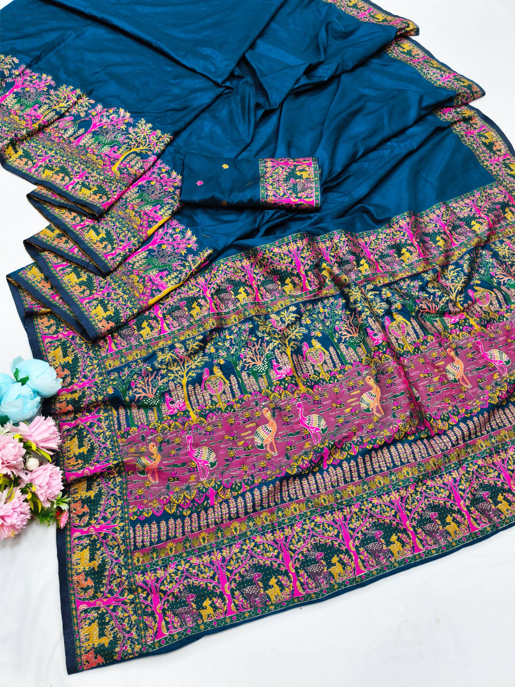 Glamorous Blue Nylon Dola Pashmina Saree With Extraordinary Blouse Piece