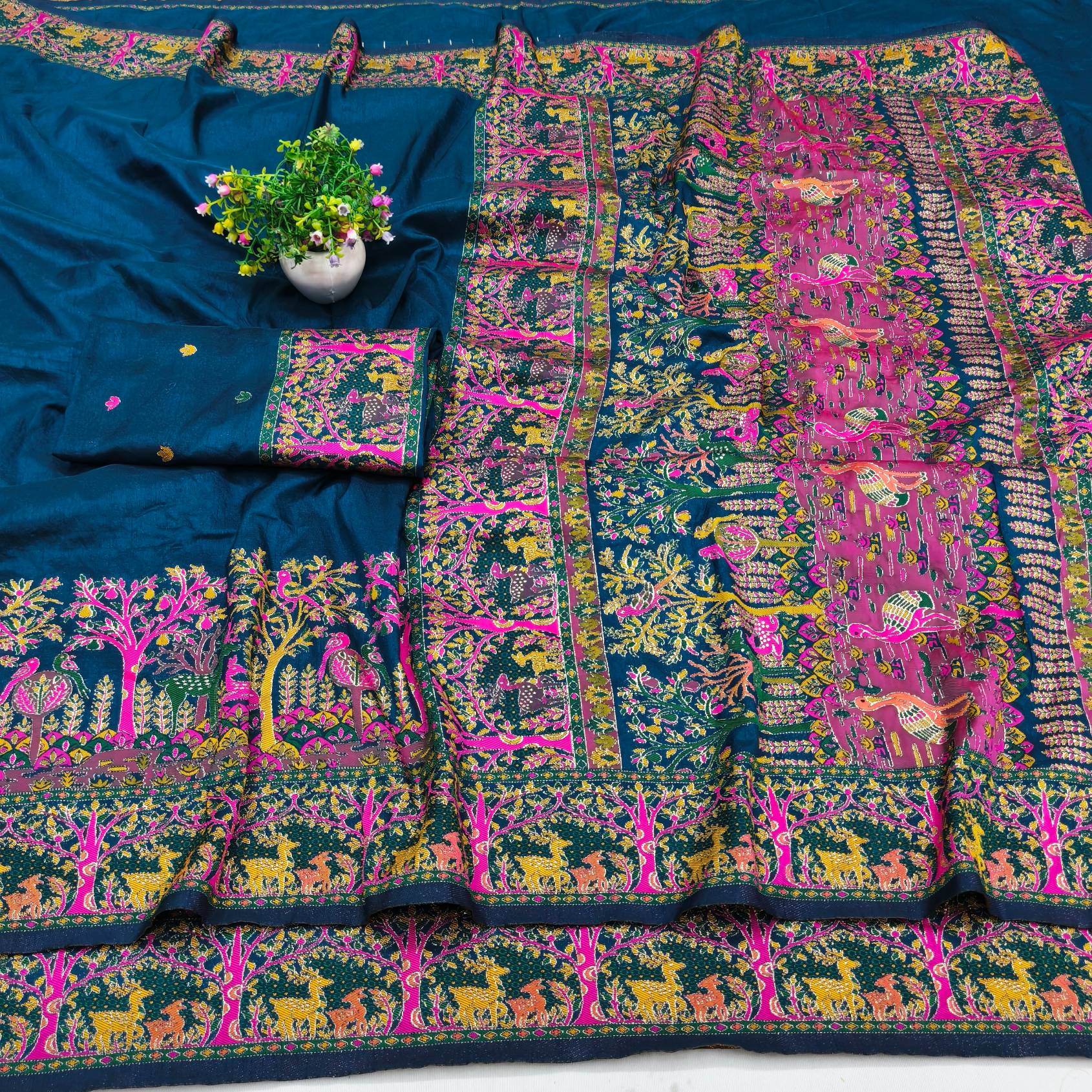 Glamorous Blue Nylon Dola Pashmina Saree With Extraordinary Blouse Piece