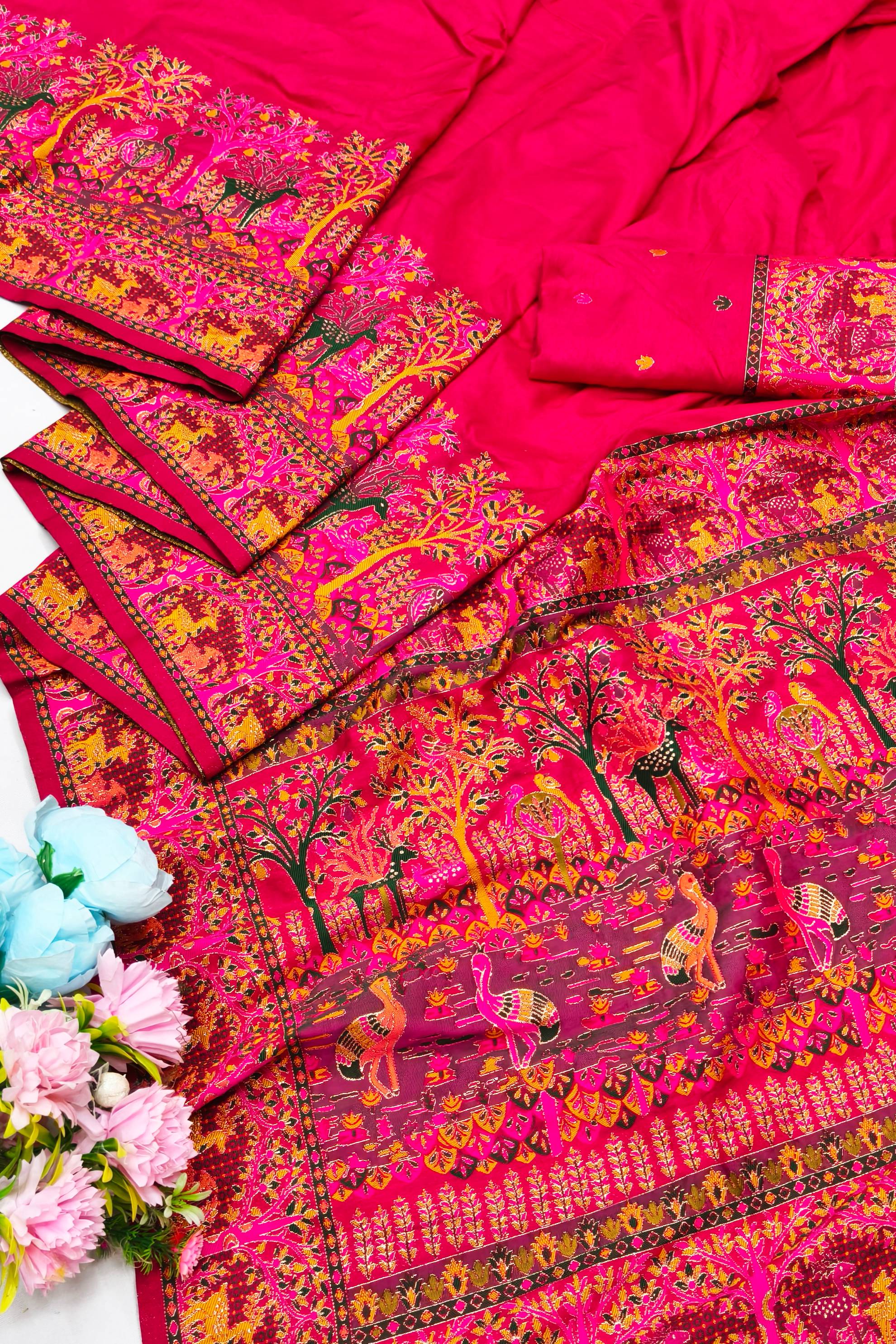 Super classy Dark Pink Nylon Dola Pashmina Saree With Panoply Blouse Piece