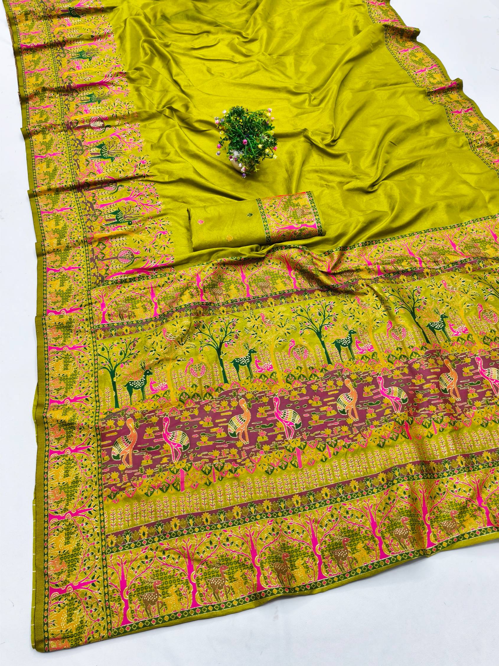 Rhapsodic Mehandi Nylon Dola Pashmina Saree With Stunner Blouse Piece