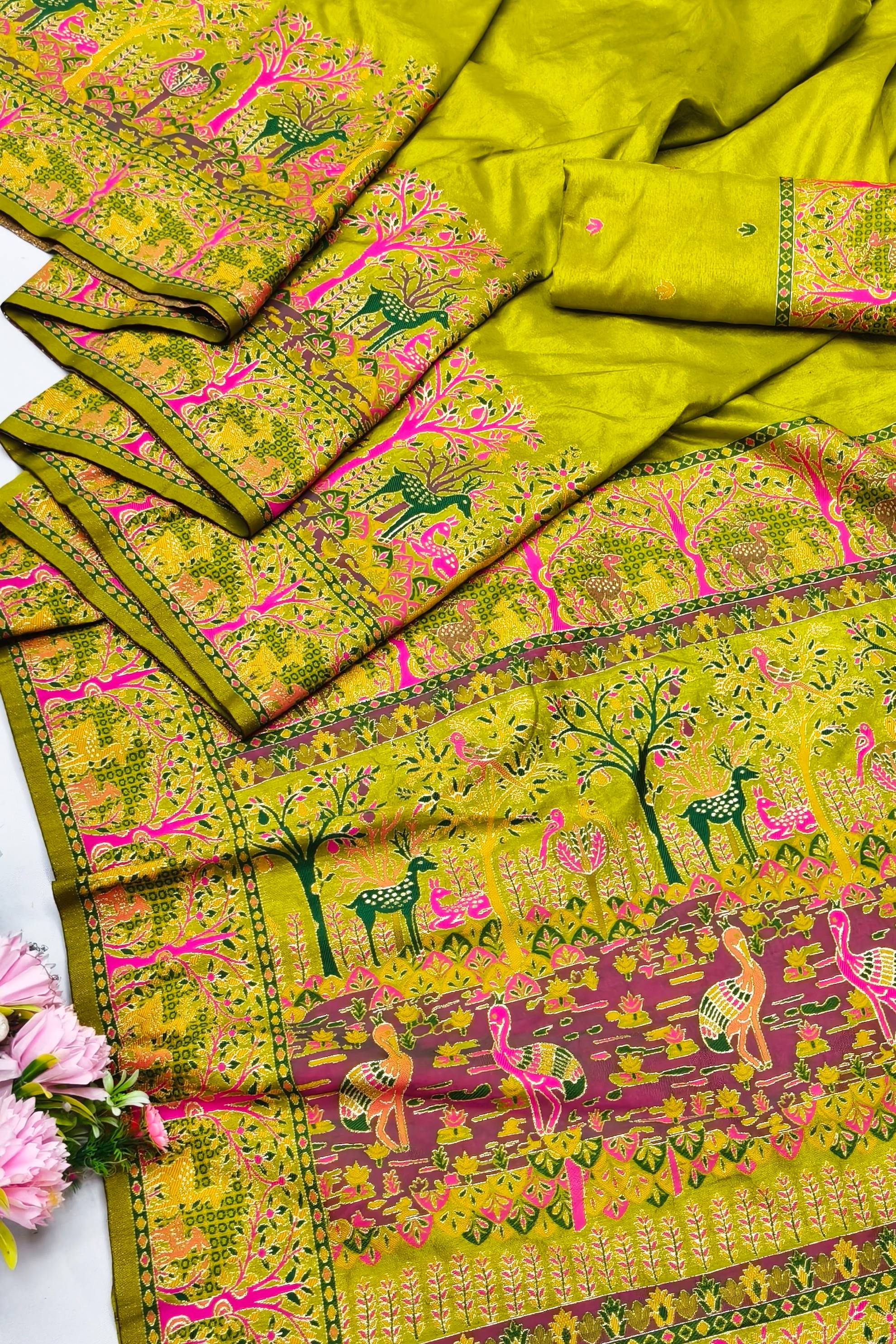 Rhapsodic Mehandi Nylon Dola Pashmina Saree With Stunner Blouse Piece
