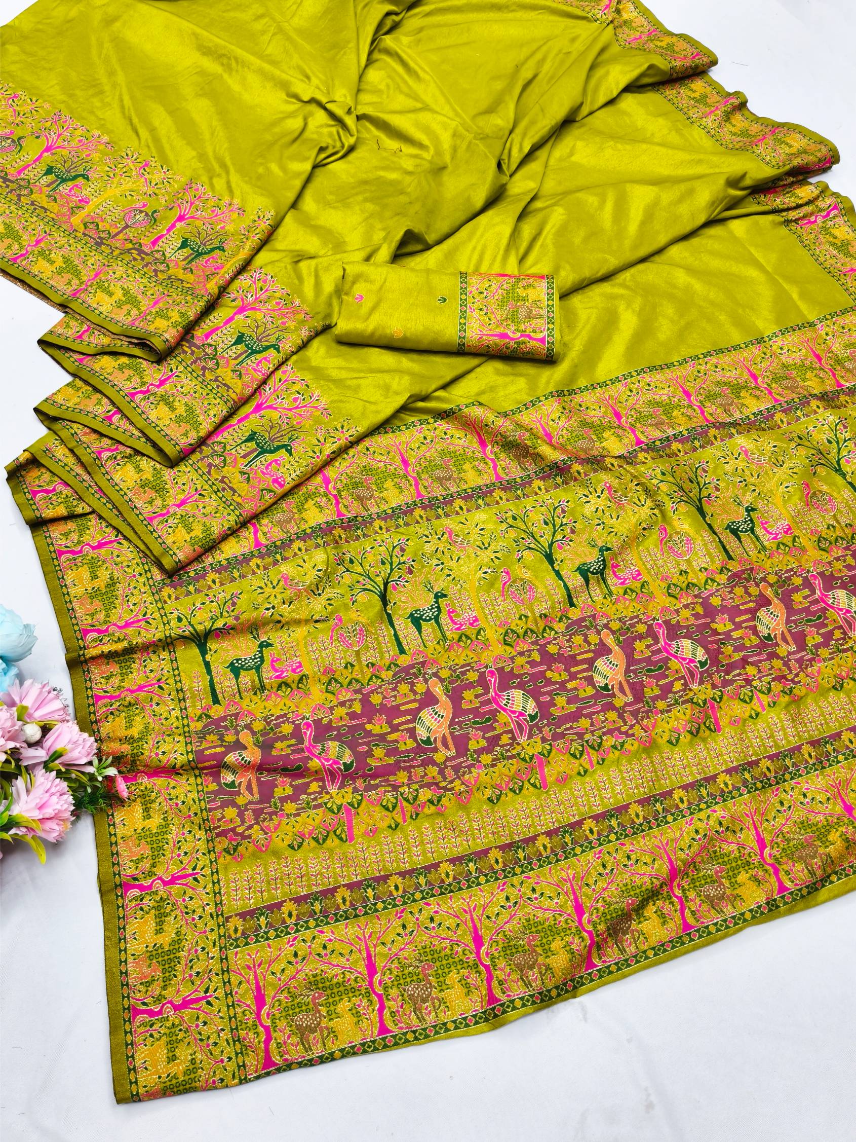 Rhapsodic Mehandi Nylon Dola Pashmina Saree With Stunner Blouse Piece