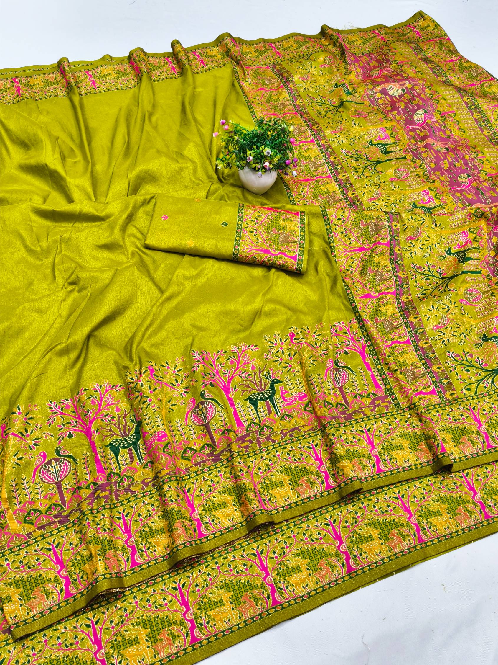 Rhapsodic Mehandi Nylon Dola Pashmina Saree With Stunner Blouse Piece