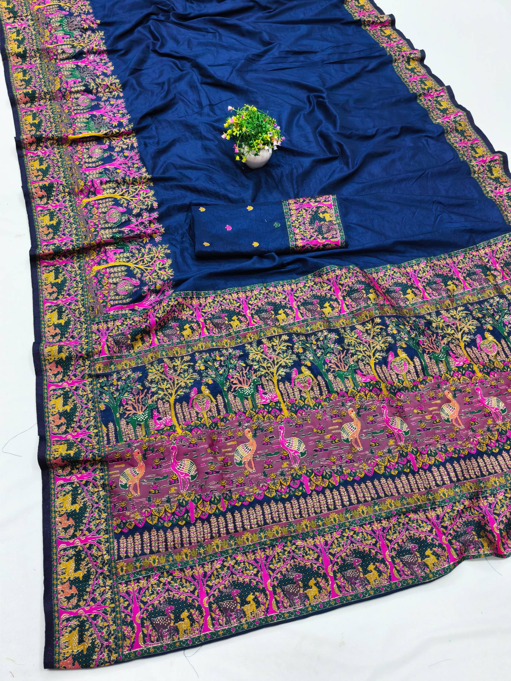 Charming Navy Blue Nylon Dola Pashmina Saree With Demesne Blouse Piece