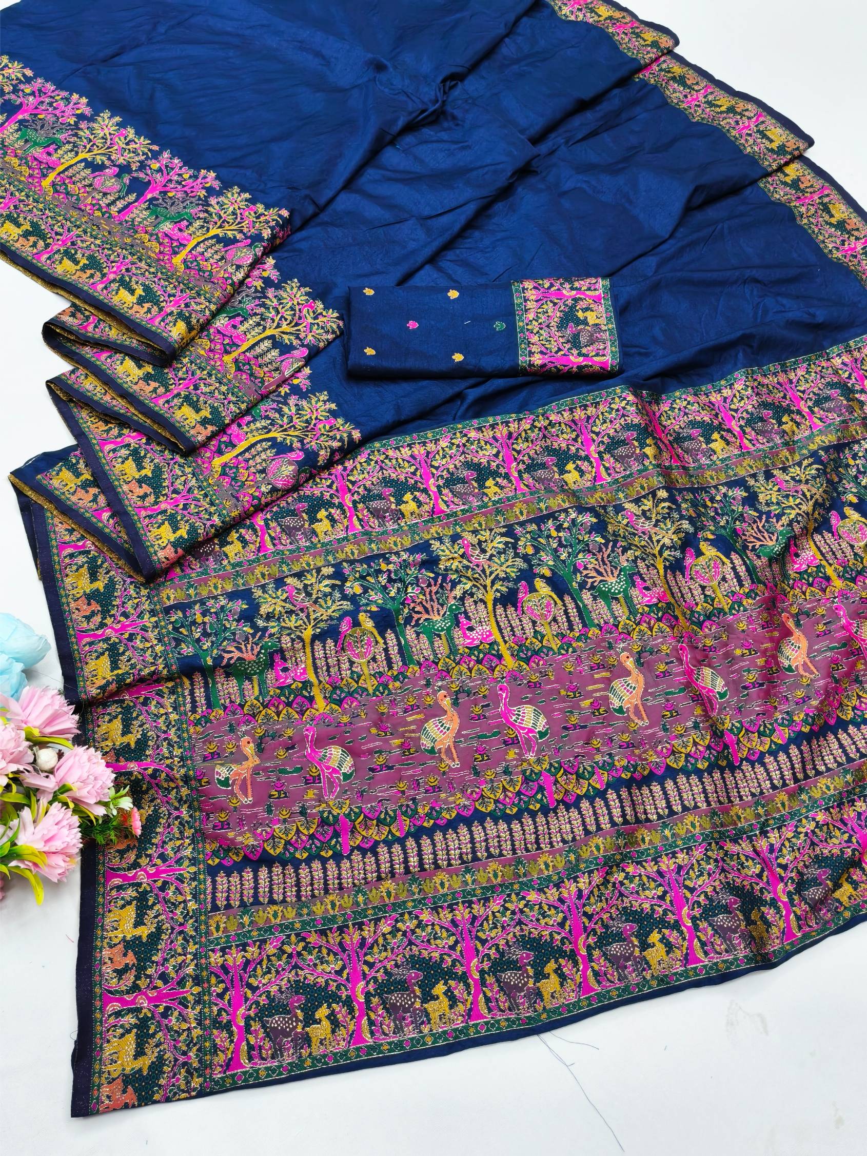 Charming Navy Blue Nylon Dola Pashmina Saree With Demesne Blouse Piece
