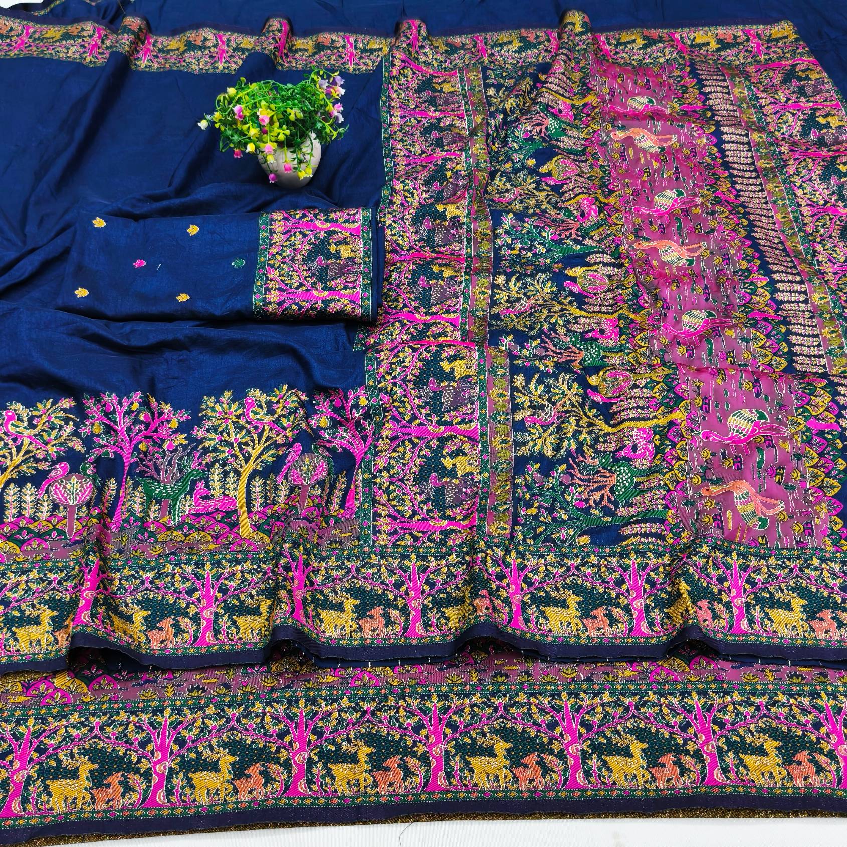 Charming Navy Blue Nylon Dola Pashmina Saree With Demesne Blouse Piece